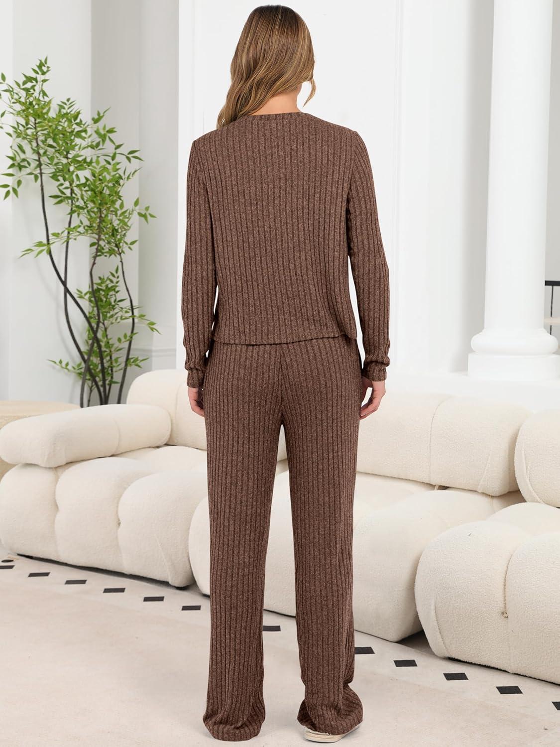 imageANRABESS Women 3 Piece Lounge Pajama Sets Knit Crop Cardigan Cami Top Wide Leg Pants 2025 Fall Outfits Comfy Matching ClothesBrown