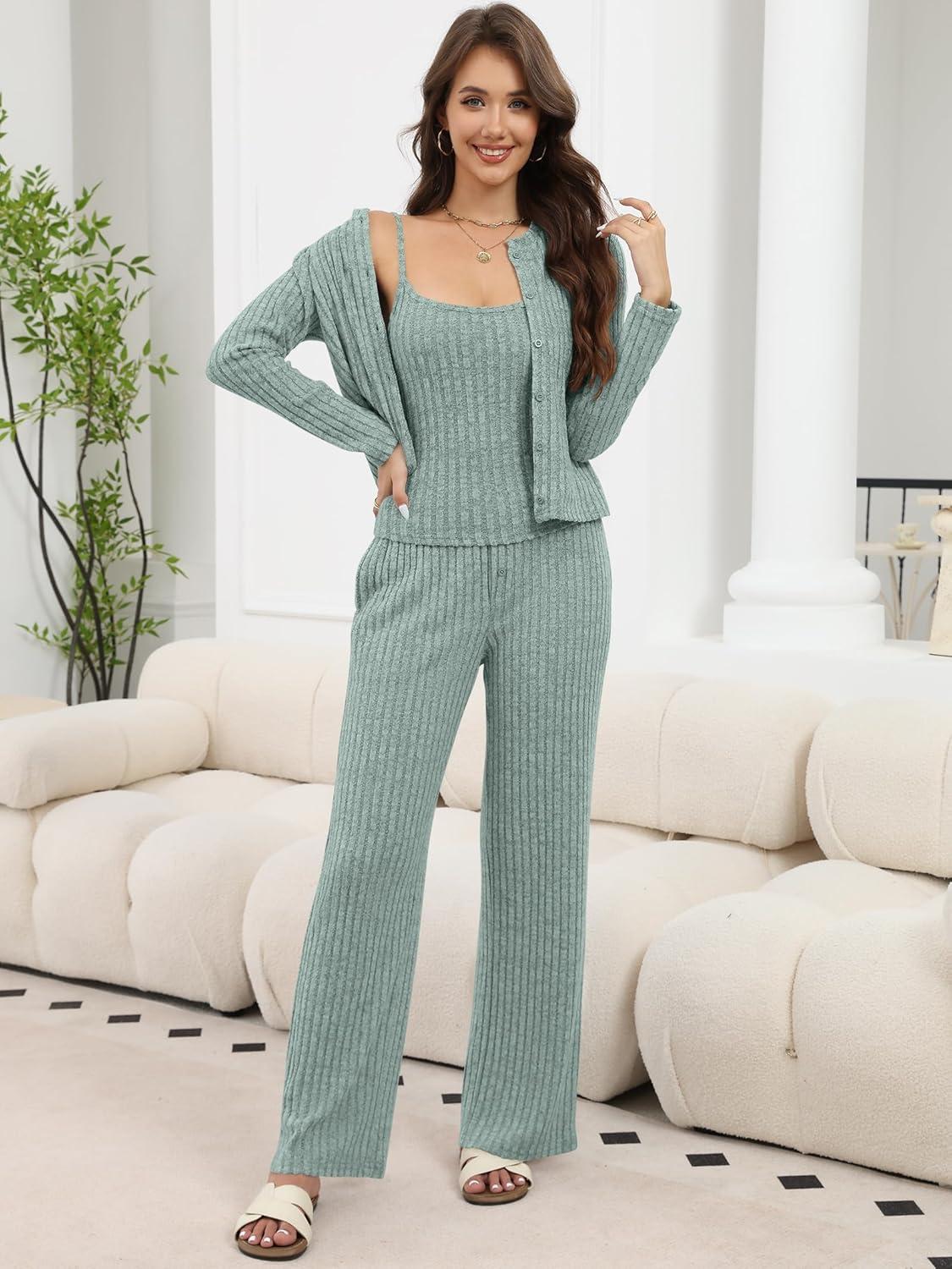 imageANRABESS Women 3 Piece Lounge Pajama Sets Knit Crop Cardigan Cami Top Wide Leg Pants 2025 Fall Outfits Comfy Matching ClothesGreen