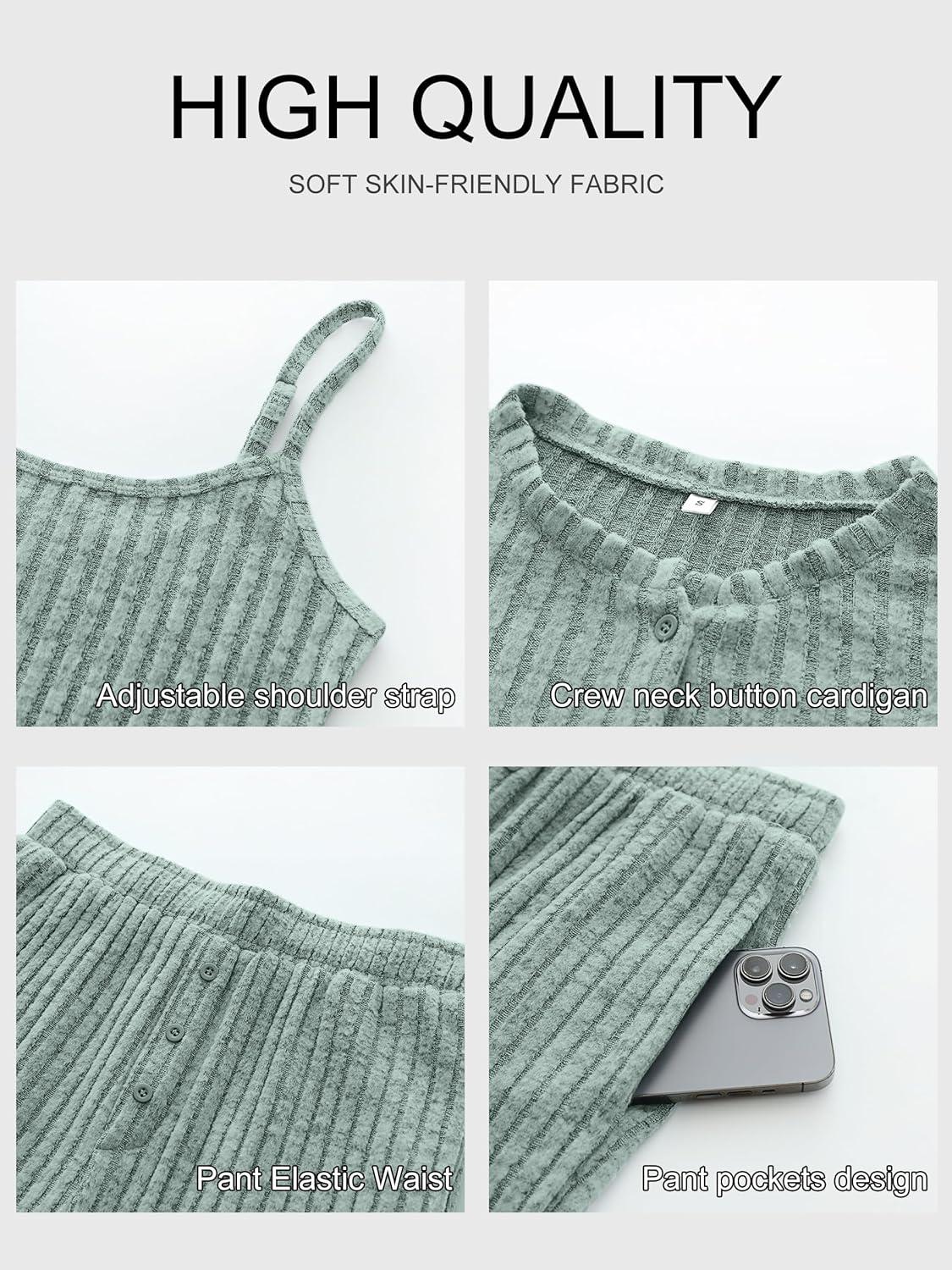 imageANRABESS Women 3 Piece Lounge Pajama Sets Knit Crop Cardigan Cami Top Wide Leg Pants 2025 Fall Outfits Comfy Matching ClothesGreen