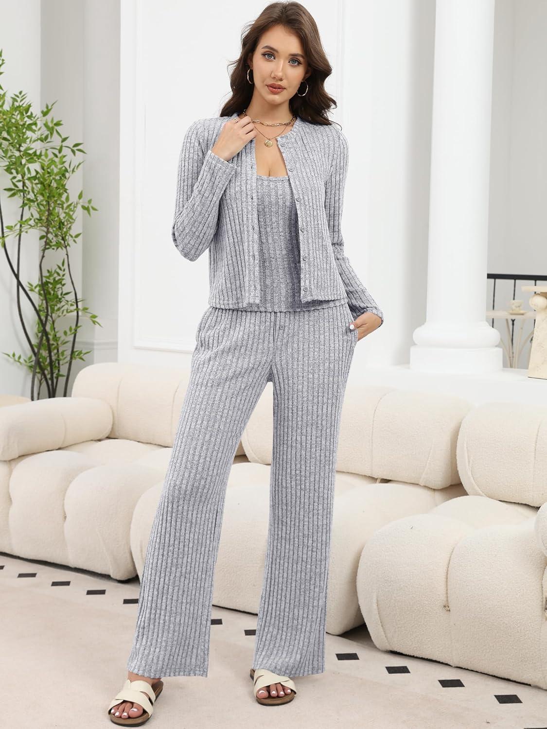 imageANRABESS Women 3 Piece Lounge Pajama Sets Knit Crop Cardigan Cami Top Wide Leg Pants 2025 Fall Outfits Comfy Matching ClothesGrey