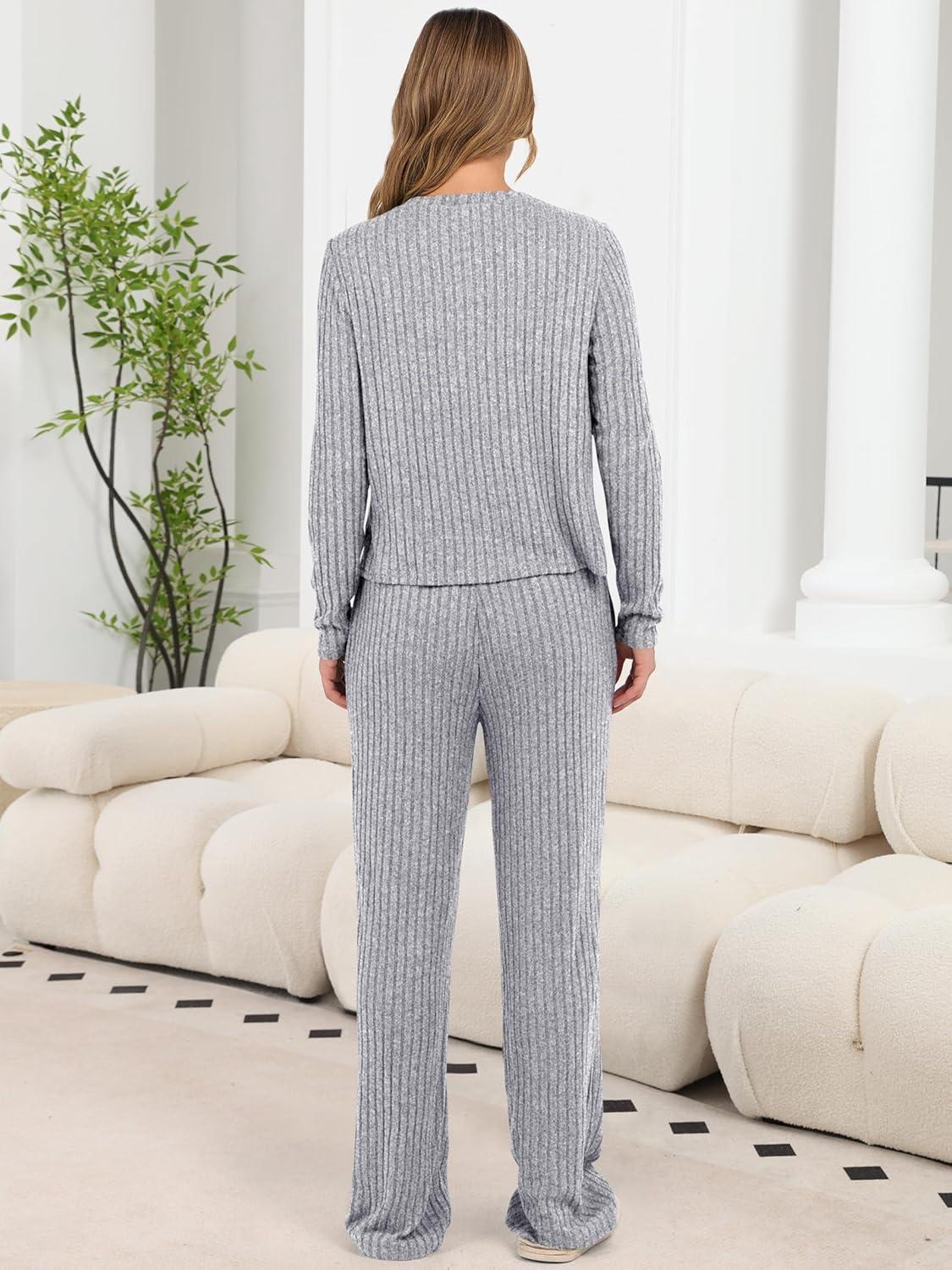 imageANRABESS Women 3 Piece Lounge Pajama Sets Knit Crop Cardigan Cami Top Wide Leg Pants 2025 Fall Outfits Comfy Matching ClothesGrey