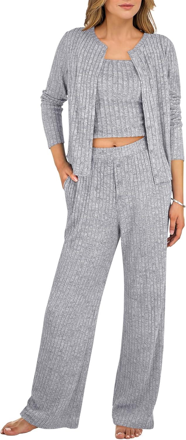 imageANRABESS Women 3 Piece Lounge Pajama Sets Knit Crop Cardigan Cami Top Wide Leg Pants 2025 Fall Outfits Comfy Matching ClothesGrey