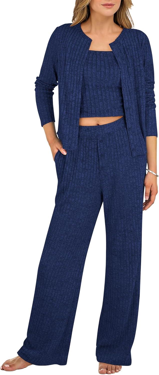 imageANRABESS Women 3 Piece Lounge Pajama Sets Knit Crop Cardigan Cami Top Wide Leg Pants 2025 Fall Outfits Comfy Matching ClothesNavy Blue