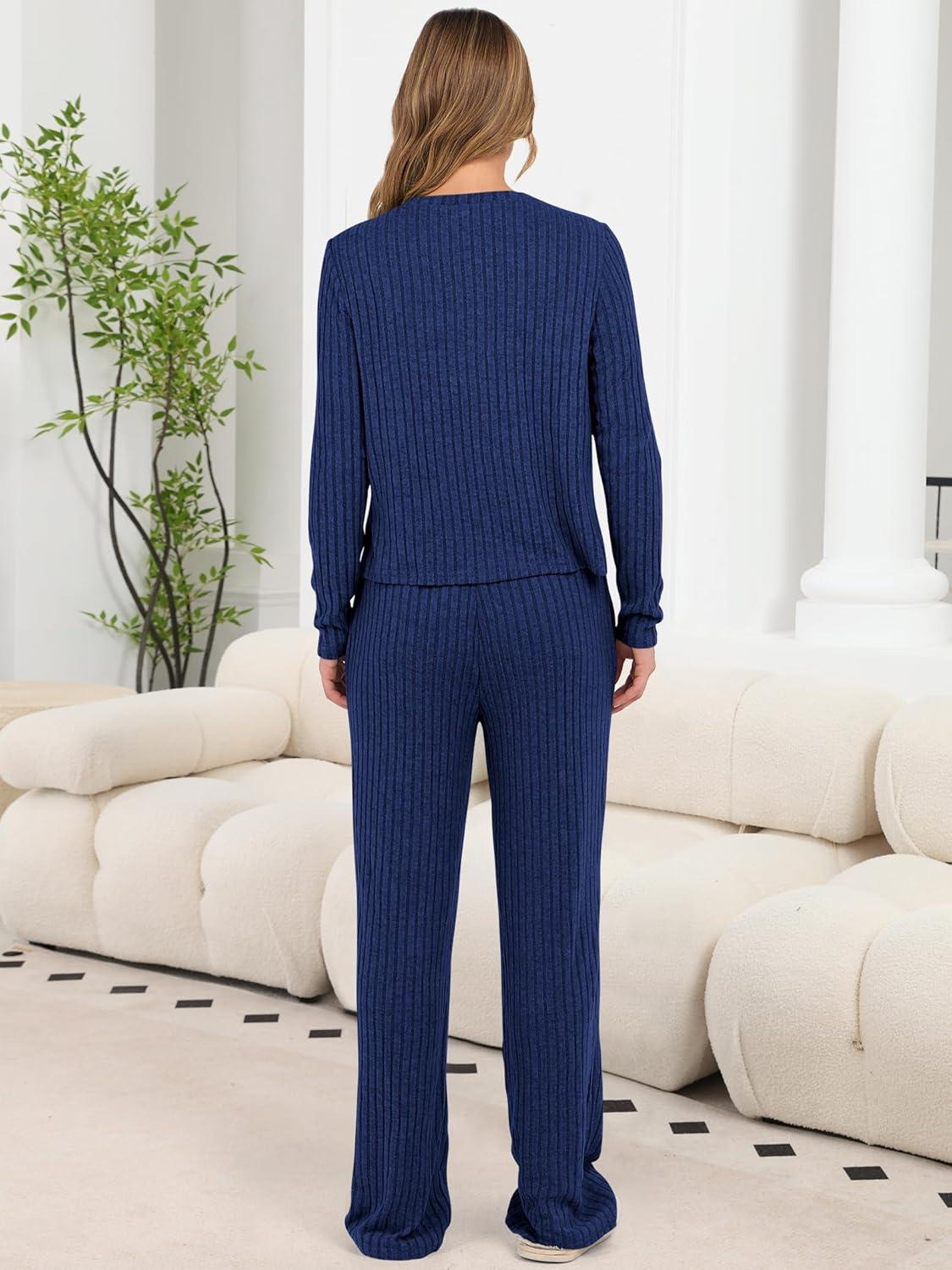 imageANRABESS Women 3 Piece Lounge Pajama Sets Knit Crop Cardigan Cami Top Wide Leg Pants 2025 Fall Outfits Comfy Matching ClothesNavy Blue