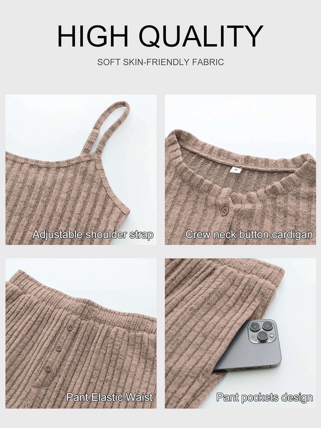 imageANRABESS Women 3 Piece Lounge Pajama Sets Knit Crop Cardigan Cami Top Wide Leg Pants 2025 Fall Outfits Comfy Matching ClothesTan