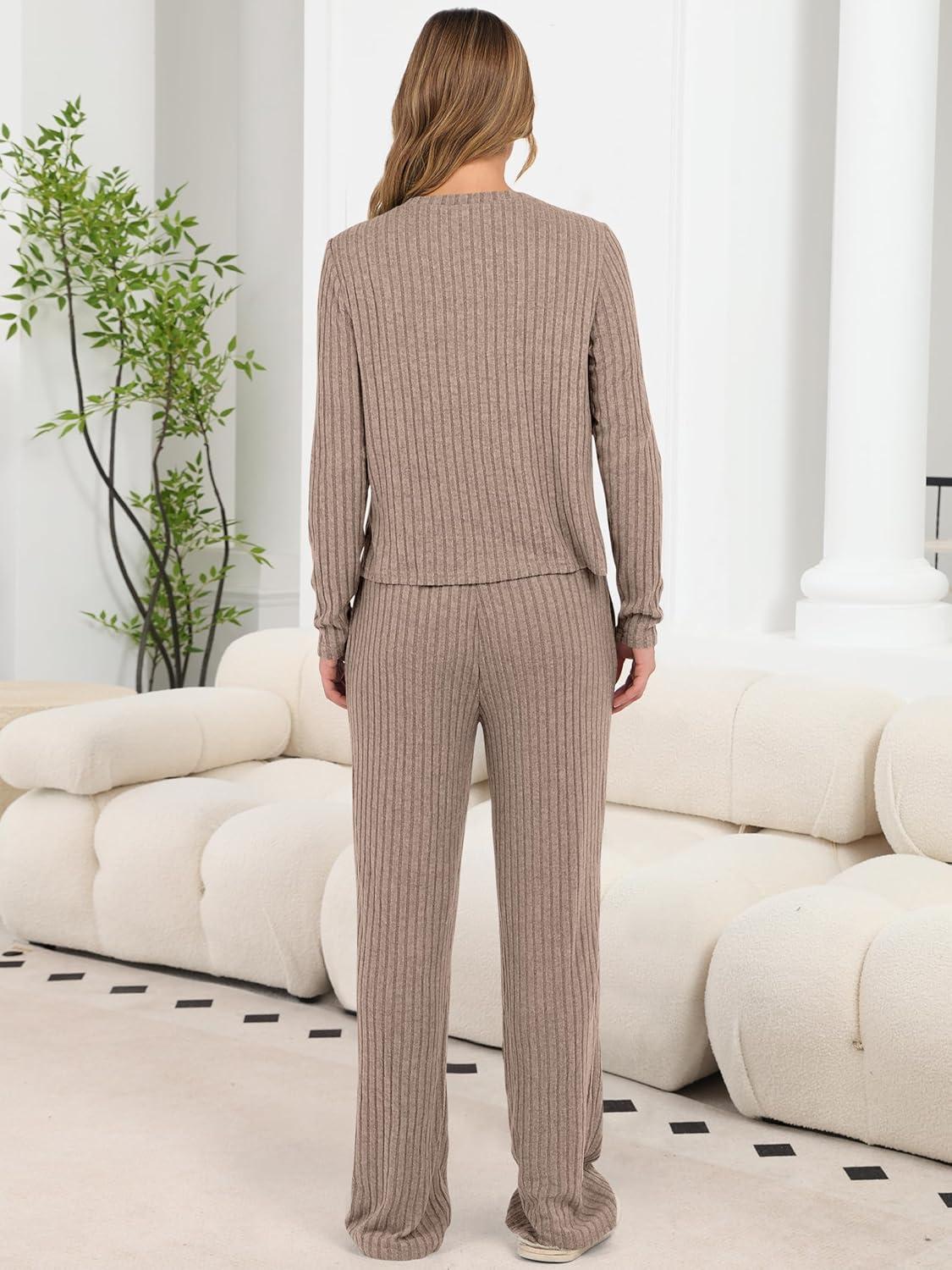 imageANRABESS Women 3 Piece Lounge Pajama Sets Knit Crop Cardigan Cami Top Wide Leg Pants 2025 Fall Outfits Comfy Matching ClothesTan