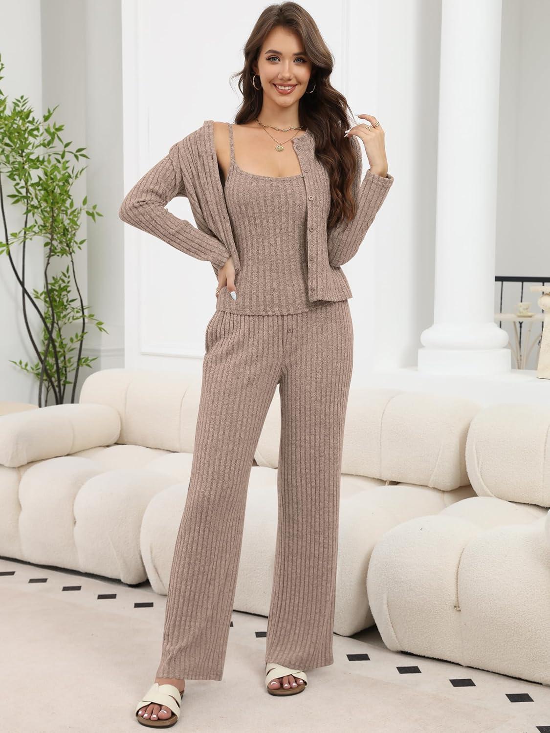 imageANRABESS Women 3 Piece Lounge Pajama Sets Knit Crop Cardigan Cami Top Wide Leg Pants 2025 Fall Outfits Comfy Matching ClothesTan