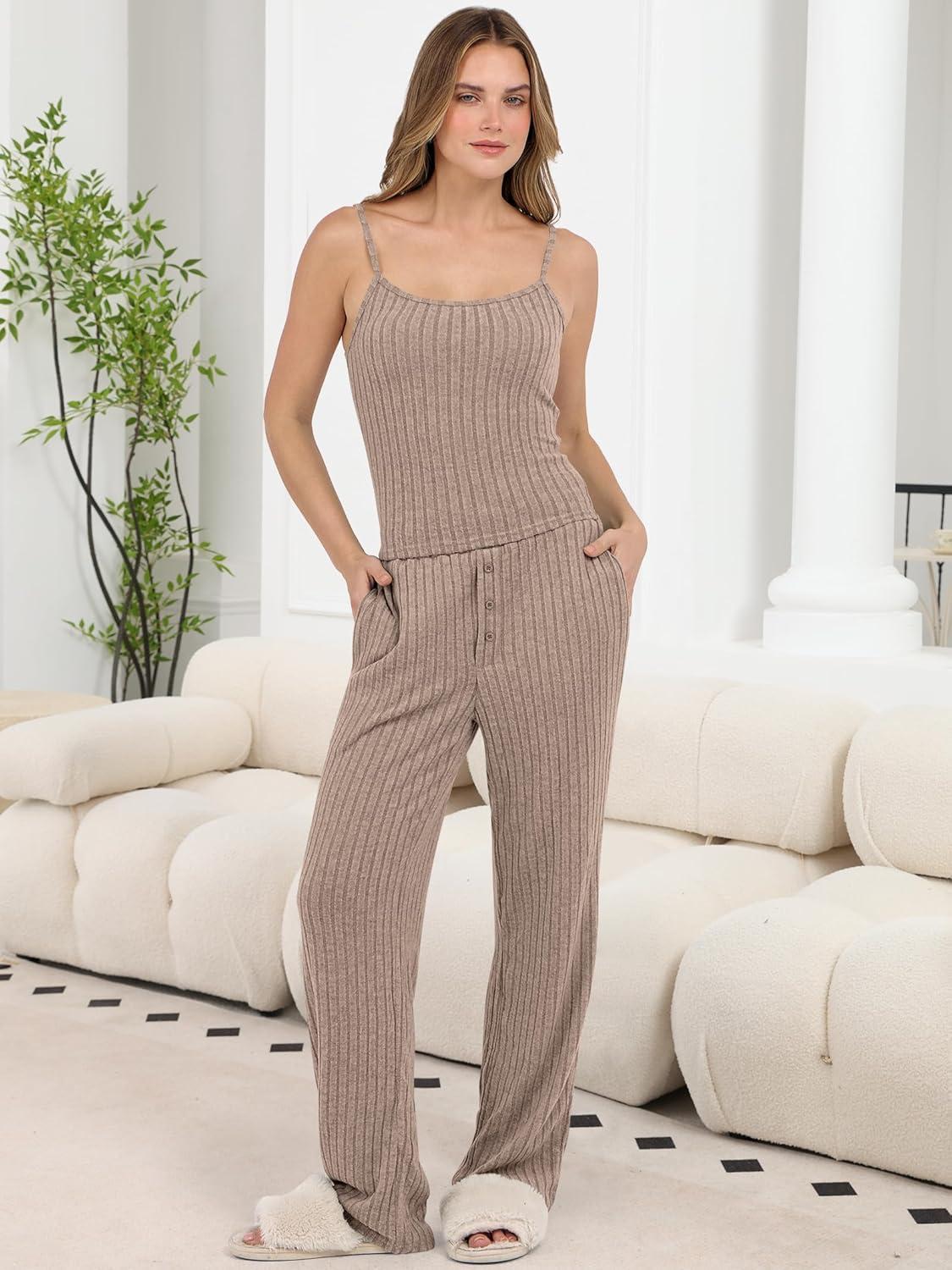 imageANRABESS Women 3 Piece Lounge Pajama Sets Knit Crop Cardigan Cami Top Wide Leg Pants 2025 Fall Outfits Comfy Matching ClothesTan