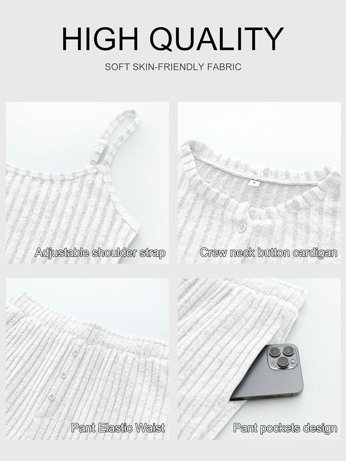 imageANRABESS Women 3 Piece Lounge Pajama Sets Knit Crop Cardigan Cami Top Wide Leg Pants 2025 Fall Outfits Comfy Matching ClothesWhite