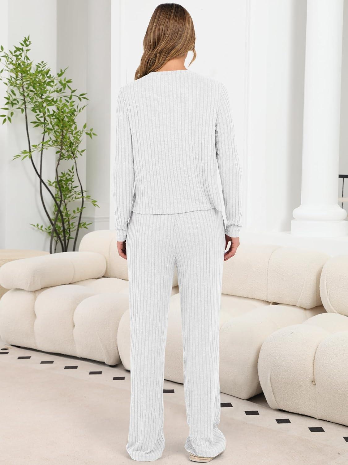 imageANRABESS Women 3 Piece Lounge Pajama Sets Knit Crop Cardigan Cami Top Wide Leg Pants 2025 Fall Outfits Comfy Matching ClothesWhite