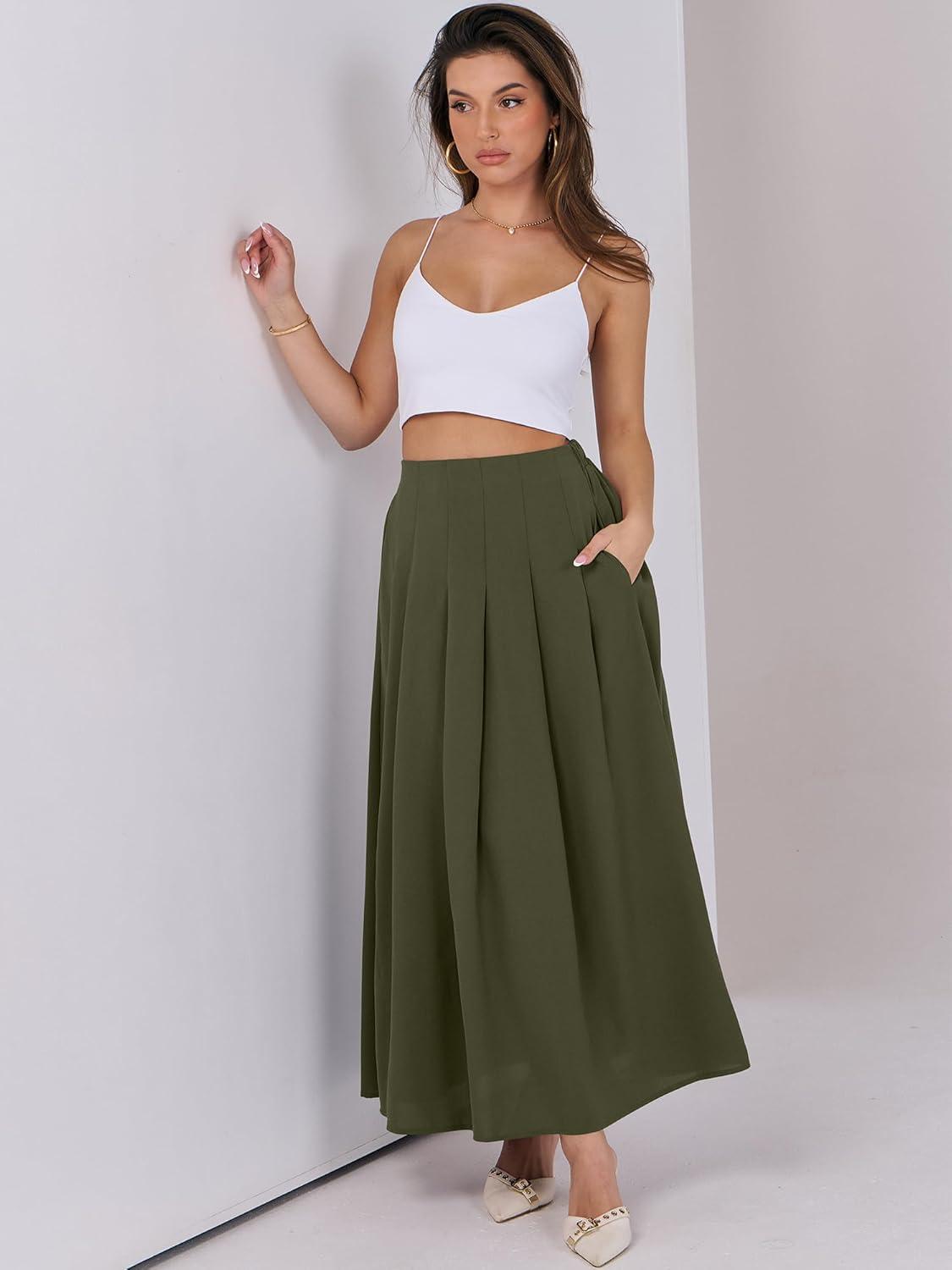 imageANRABESS Women ALine Pleated High Waist Maxi Skirt Full Ankle Length Flowy Swing Elegant Dressy Casual Work Long SkirtsArmy Green