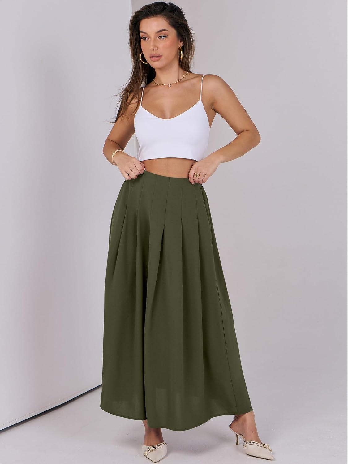 imageANRABESS Women ALine Pleated High Waist Maxi Skirt Full Ankle Length Flowy Swing Elegant Dressy Casual Work Long SkirtsArmy Green