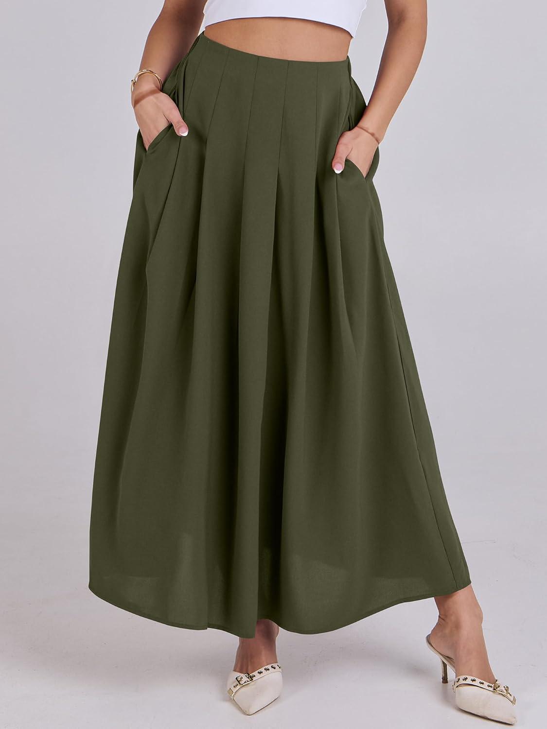 imageANRABESS Women ALine Pleated High Waist Maxi Skirt Full Ankle Length Flowy Swing Elegant Dressy Casual Work Long SkirtsArmy Green