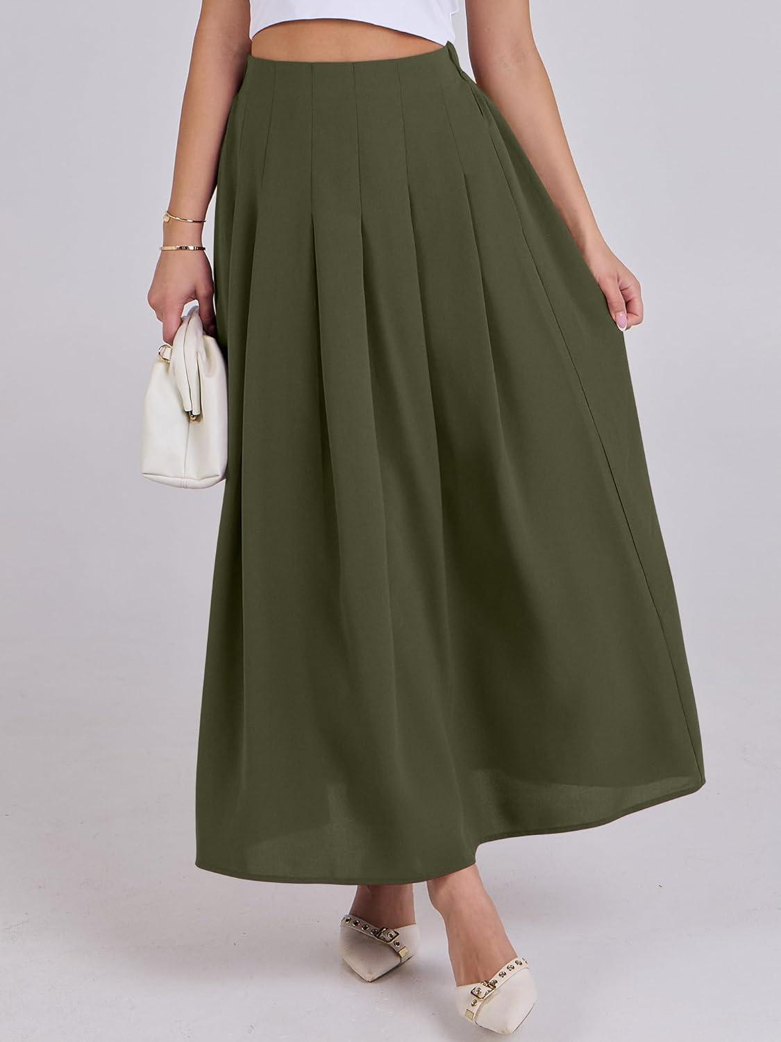 imageANRABESS Women ALine Pleated High Waist Maxi Skirt Full Ankle Length Flowy Swing Elegant Dressy Casual Work Long SkirtsArmy Green