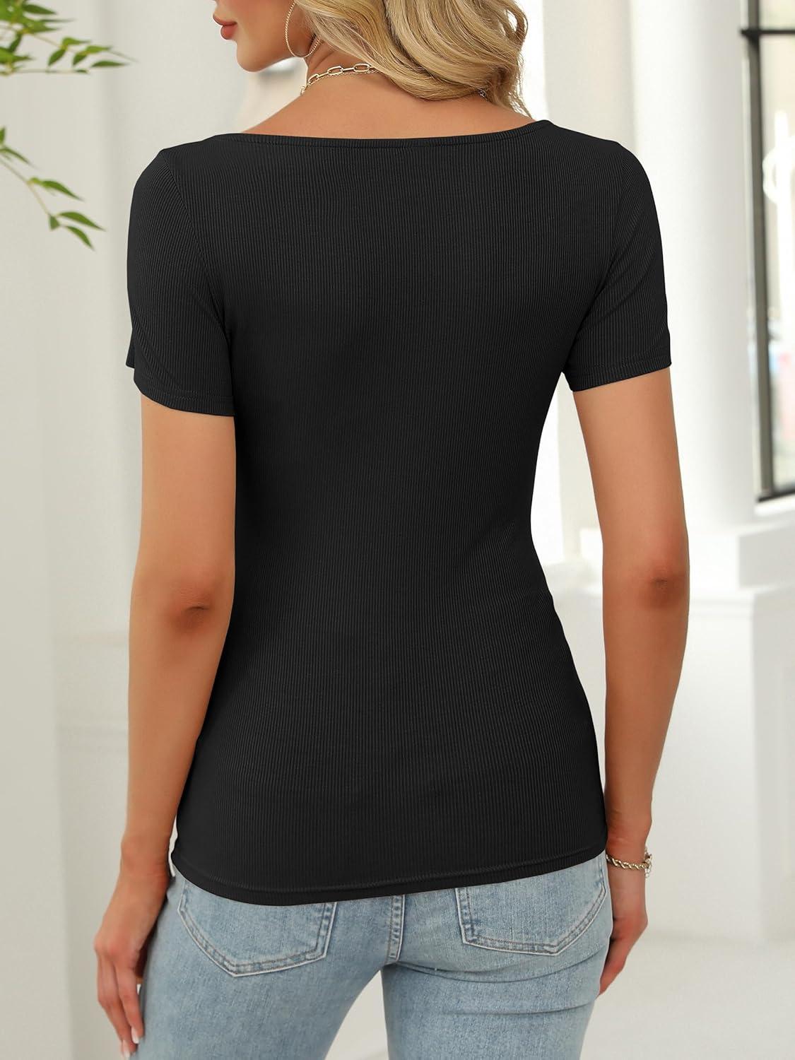 imageANRABESS Women Boat Neck Tops Short Sleeve TShirts Ribbed Knit Tight Fitted Basic Tees Shirts 2025 Summer ClothesBlack