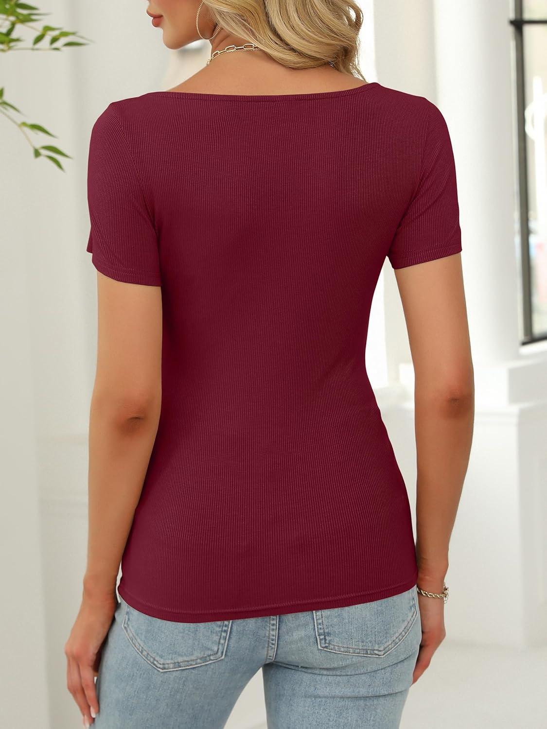 imageANRABESS Women Boat Neck Tops Short Sleeve TShirts Ribbed Knit Tight Fitted Basic Tees Shirts 2025 Summer ClothesBurgundy