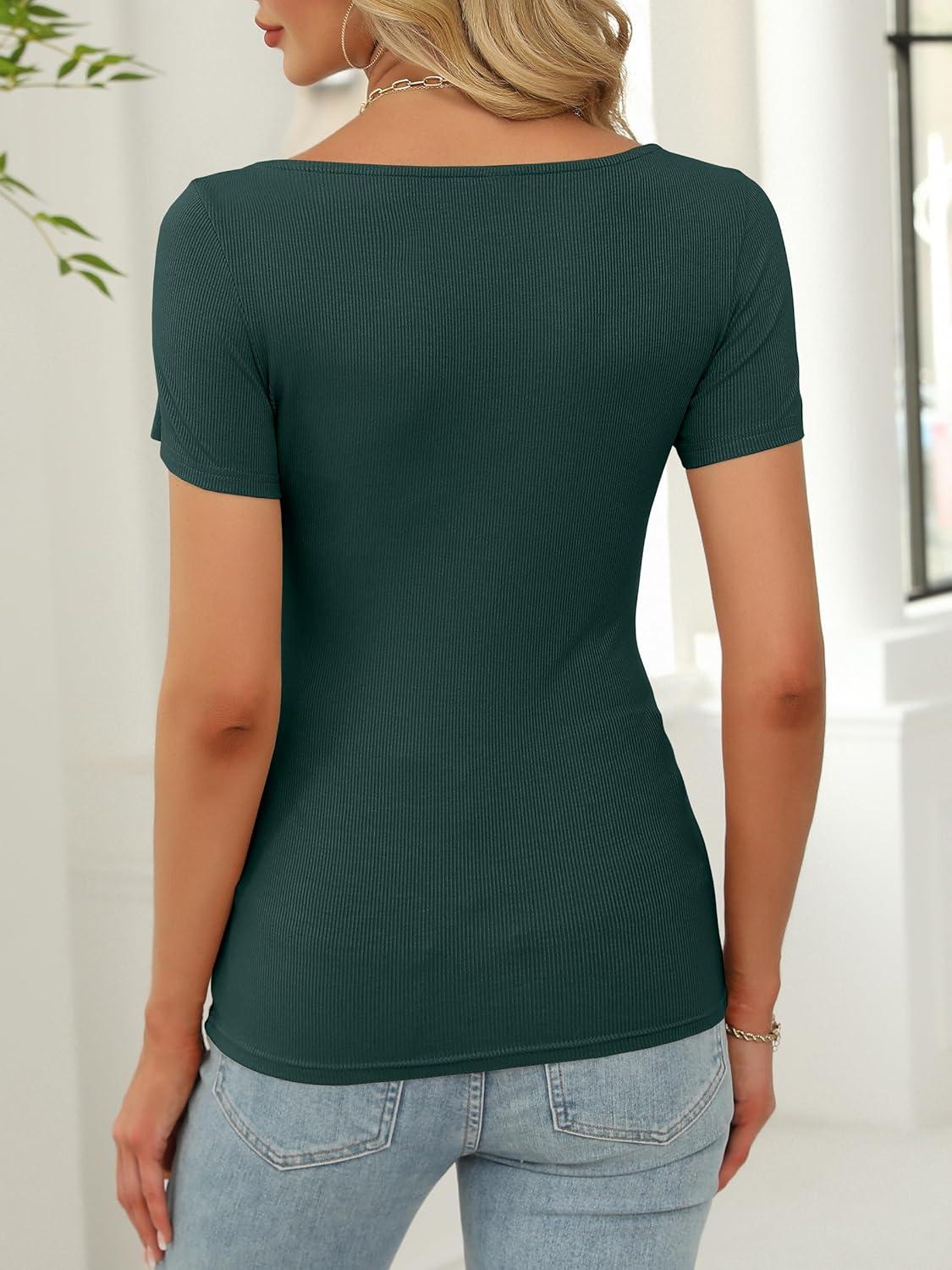 imageANRABESS Women Boat Neck Tops Short Sleeve TShirts Ribbed Knit Tight Fitted Basic Tees Shirts 2025 Summer ClothesForest