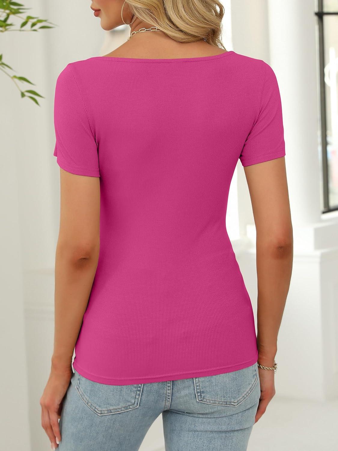 imageANRABESS Women Boat Neck Tops Short Sleeve TShirts Ribbed Knit Tight Fitted Basic Tees Shirts 2025 Summer ClothesHot Pink