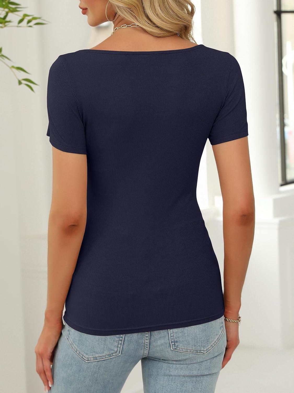 imageANRABESS Women Boat Neck Tops Short Sleeve TShirts Ribbed Knit Tight Fitted Basic Tees Shirts 2025 Summer ClothesNavy Blue