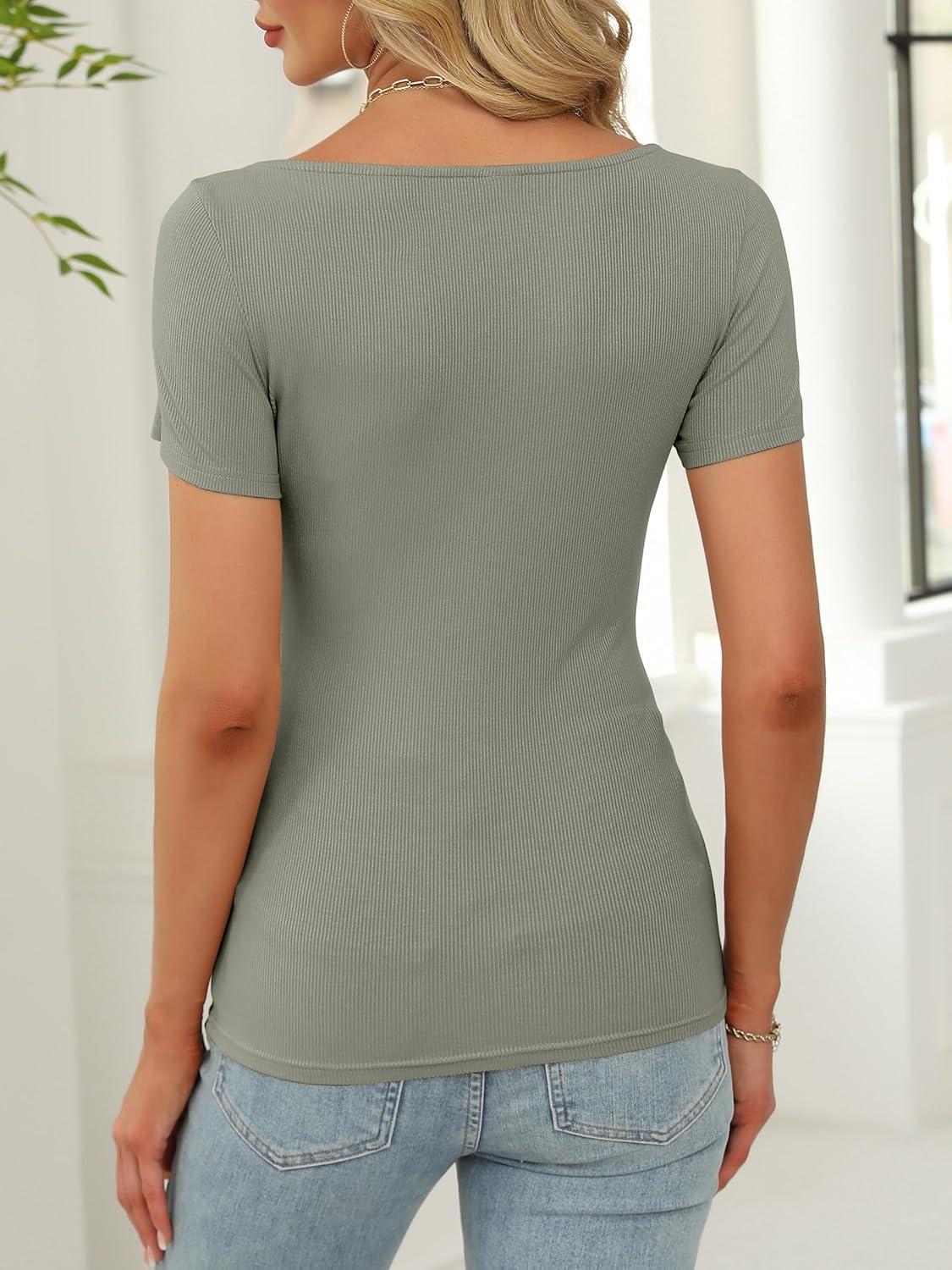 imageANRABESS Women Boat Neck Tops Short Sleeve TShirts Ribbed Knit Tight Fitted Basic Tees Shirts 2025 Summer ClothesSage Green