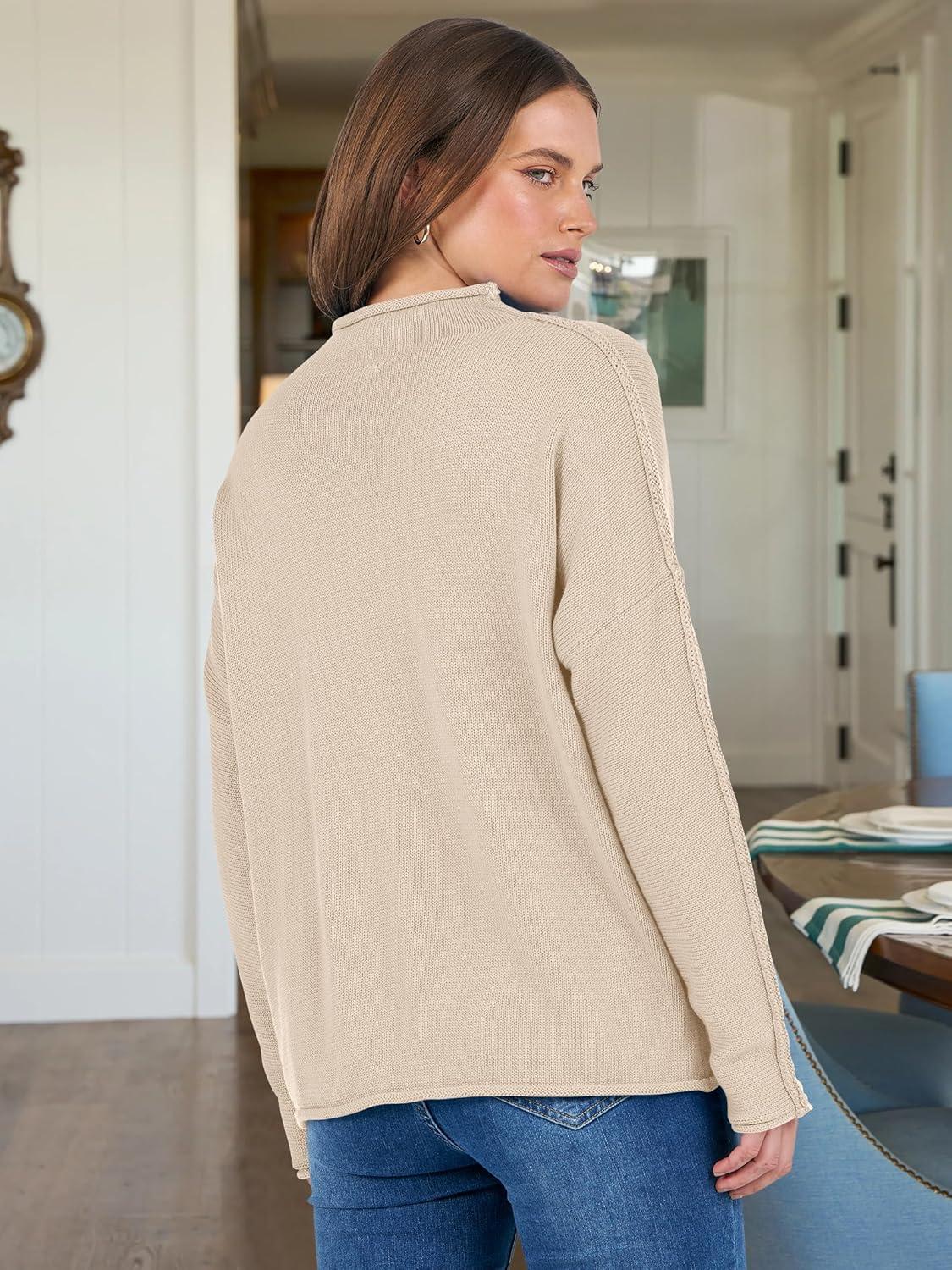 imageANRABESS Women Casual Long Sleeve Mock Funnel Neck Knit Pullover Sweater Top 2025 Fall Fashion Outfits with Exposed SeamAlmond