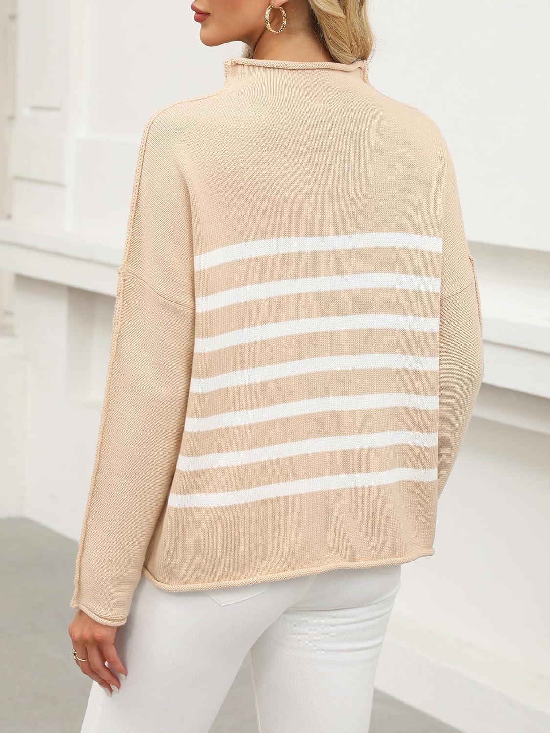 imageANRABESS Women Casual Long Sleeve Mock Funnel Neck Knit Pullover Sweater Top 2025 Fall Fashion Outfits with Exposed SeamAlmond White Stripes