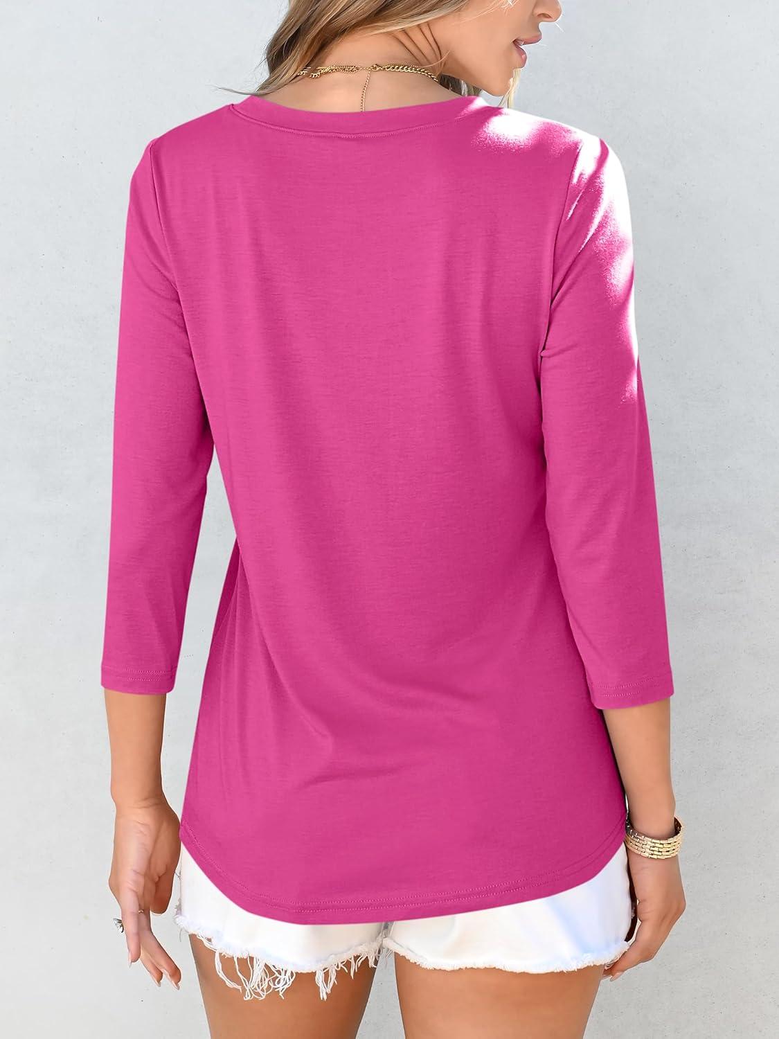 imageANRABESS Women Dressy Casual Blouse 34 Long Sleeve T Shirts Pleated Round Neck Business Work Tunic Tops 2025 Fall OutfitsHot Pink