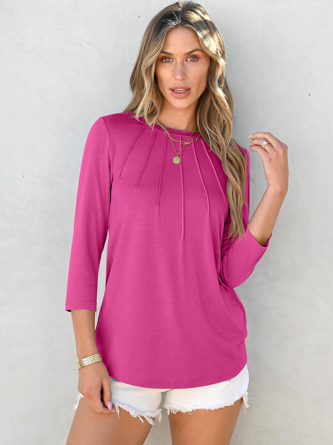 imageANRABESS Women Dressy Casual Blouse 34 Long Sleeve T Shirts Pleated Round Neck Business Work Tunic Tops 2025 Fall OutfitsHot Pink