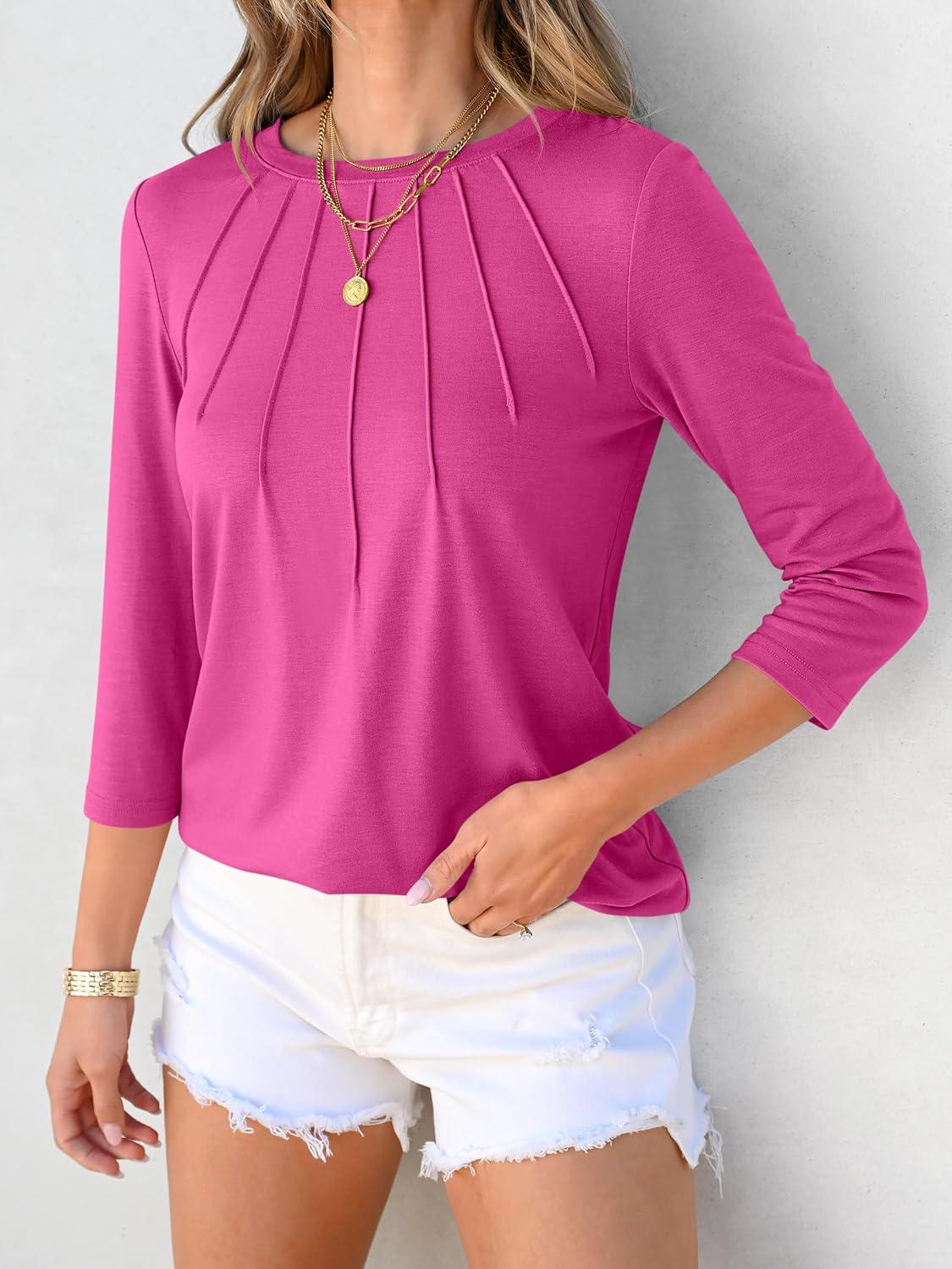 imageANRABESS Women Dressy Casual Blouse 34 Long Sleeve T Shirts Pleated Round Neck Business Work Tunic Tops 2025 Fall OutfitsHot Pink