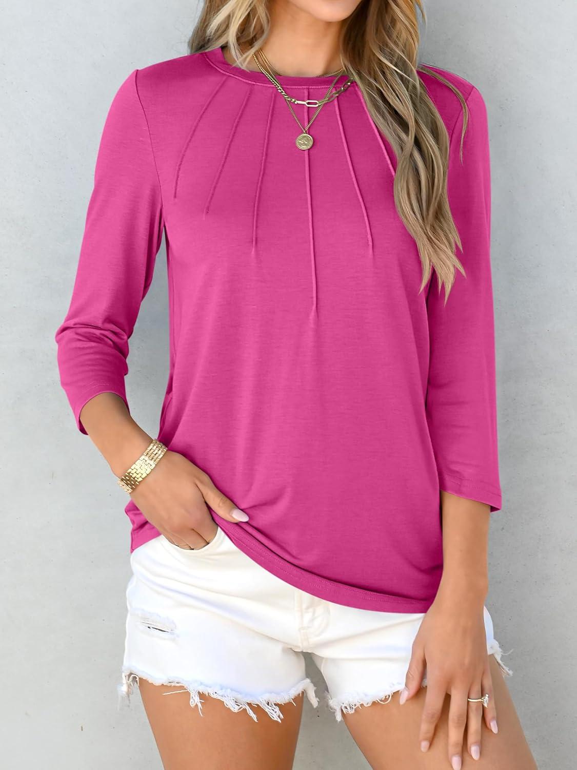 imageANRABESS Women Dressy Casual Blouse 34 Long Sleeve T Shirts Pleated Round Neck Business Work Tunic Tops 2025 Fall OutfitsHot Pink