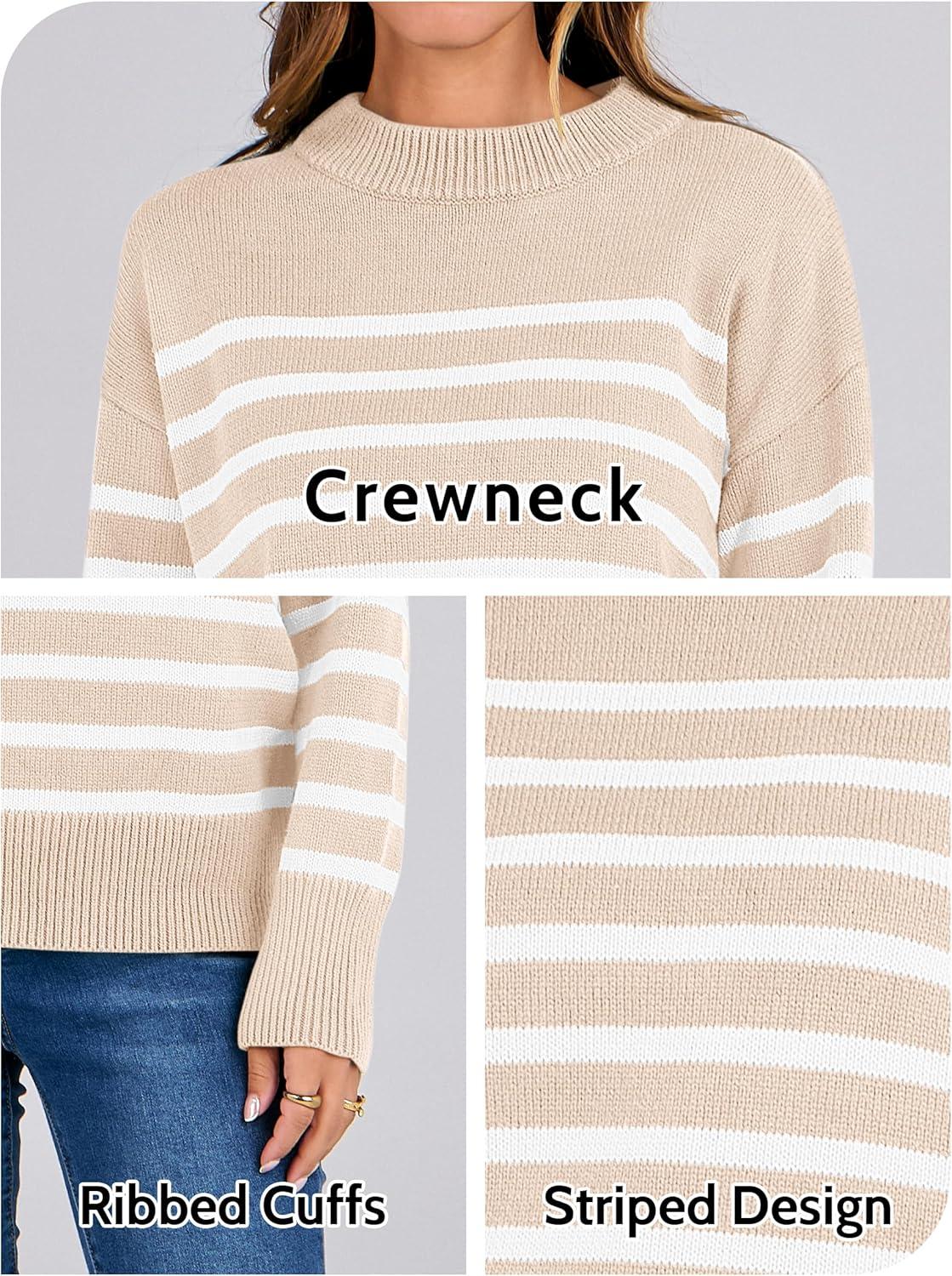 imageANRABESS Women Fall Fashion Sweaters Striped Long Sleeve Crewneck Loose Fit Cozy Knit Trendy Pullover Sweater Tops Beige White Stripe Small