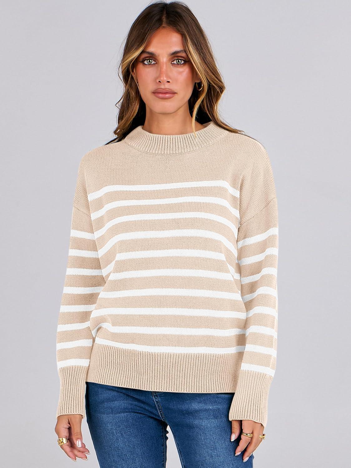 imageANRABESS Women Fall Fashion Sweaters Striped Long Sleeve Crewneck Loose Fit Cozy Knit Trendy Pullover Sweater Tops Beige White Stripe Small