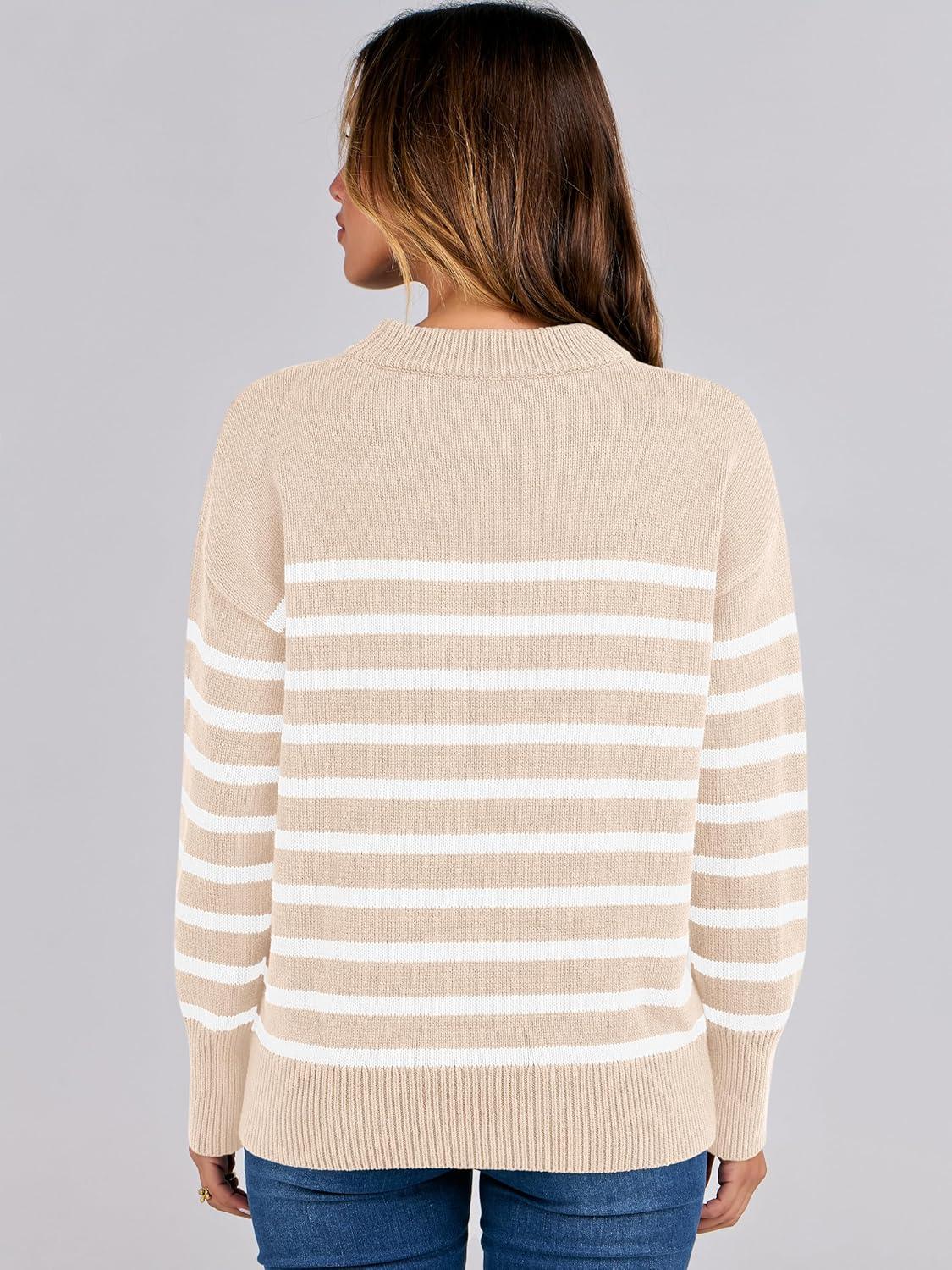 imageANRABESS Women Fall Fashion Sweaters Striped Long Sleeve Crewneck Loose Fit Cozy Knit Trendy Pullover Sweater Tops Beige White Stripe Small