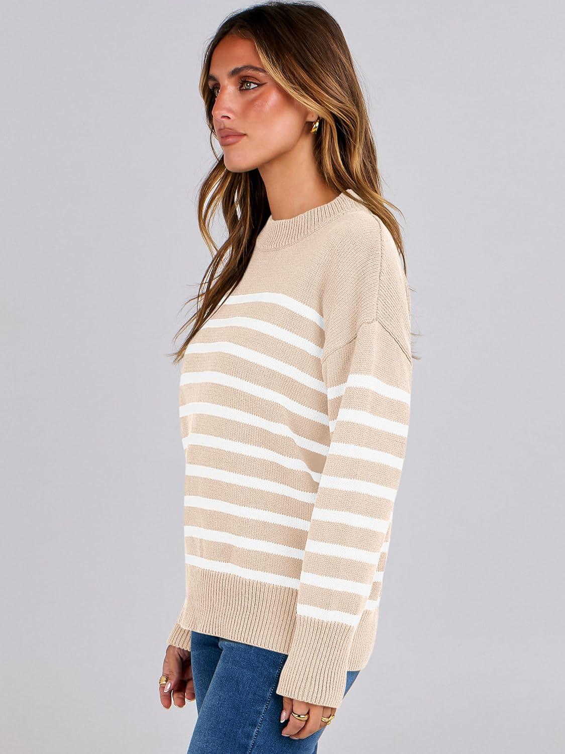 imageANRABESS Women Fall Fashion Sweaters Striped Long Sleeve Crewneck Loose Fit Cozy Knit Trendy Pullover Sweater Tops Beige White Stripe Small