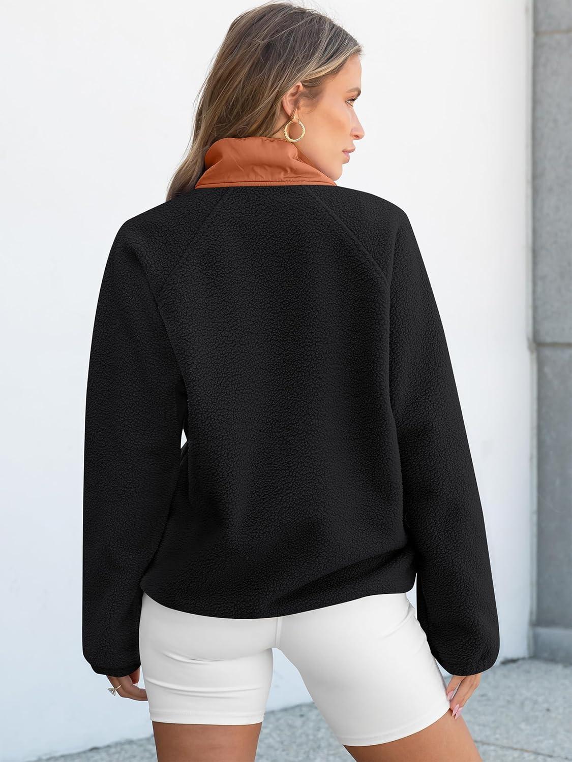 imageANRABESS Women Fuzzy Fleece Pullover Sherpa Sweatshirt Long Sleeve Button Down Warm Soft Color Block Jackets with PocketsBlack