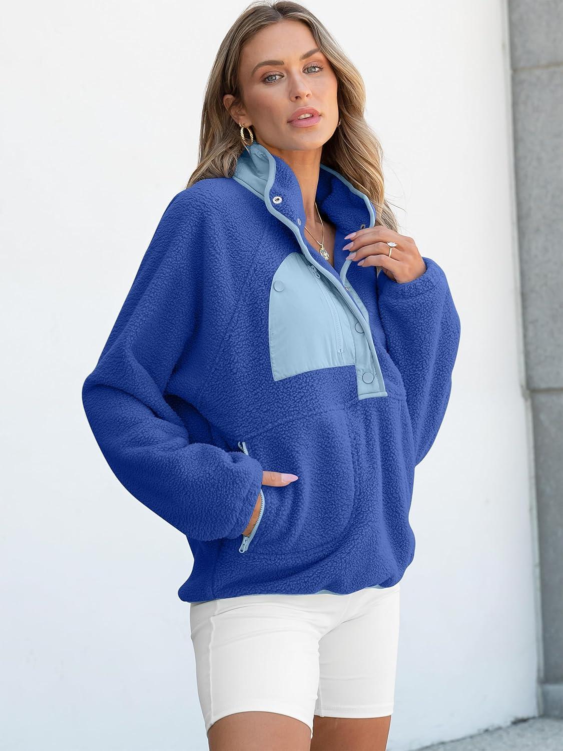 imageANRABESS Women Fuzzy Fleece Pullover Sherpa Sweatshirt Long Sleeve Button Down Warm Soft Color Block Jackets with PocketsBlue Mixed