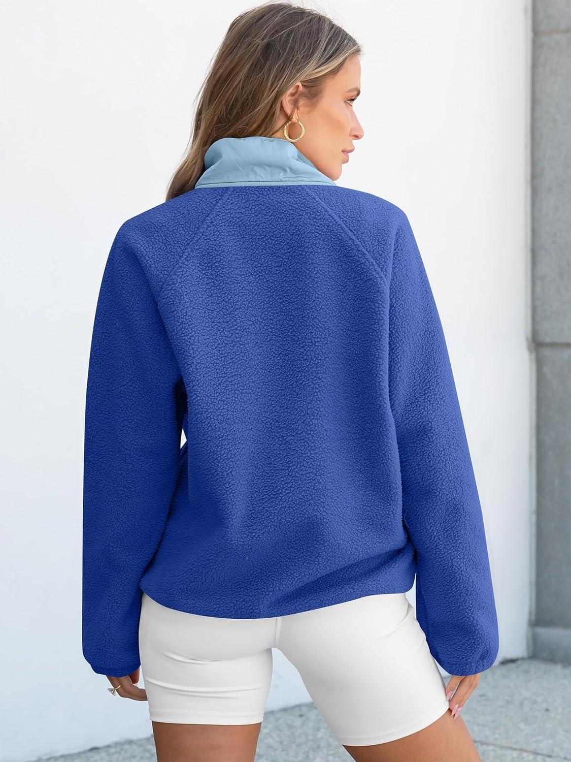 imageANRABESS Women Fuzzy Fleece Pullover Sherpa Sweatshirt Long Sleeve Button Down Warm Soft Color Block Jackets with PocketsBlue Mixed