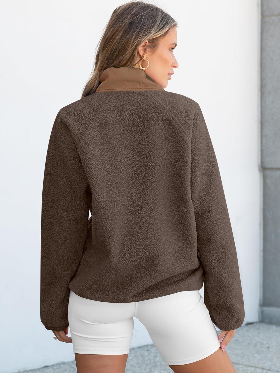 imageANRABESS Women Fuzzy Fleece Pullover Sherpa Sweatshirt Long Sleeve Button Down Warm Soft Color Block Jackets with PocketsBrown