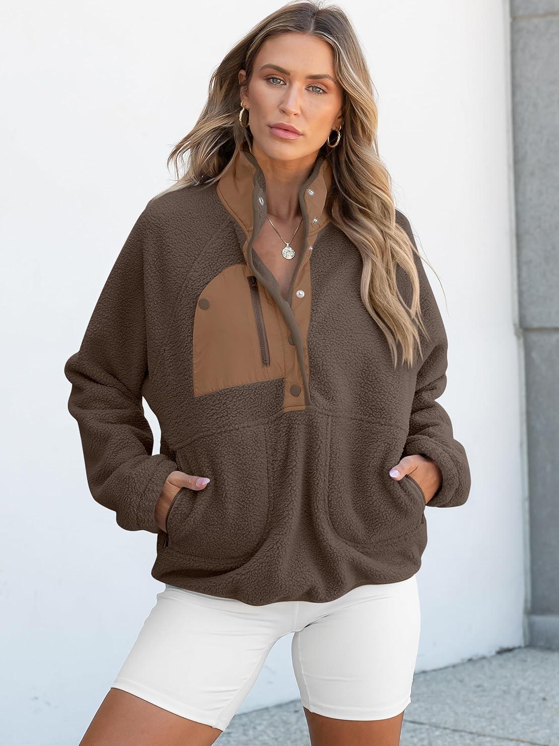 imageANRABESS Women Fuzzy Fleece Pullover Sherpa Sweatshirt Long Sleeve Button Down Warm Soft Color Block Jackets with PocketsBrown