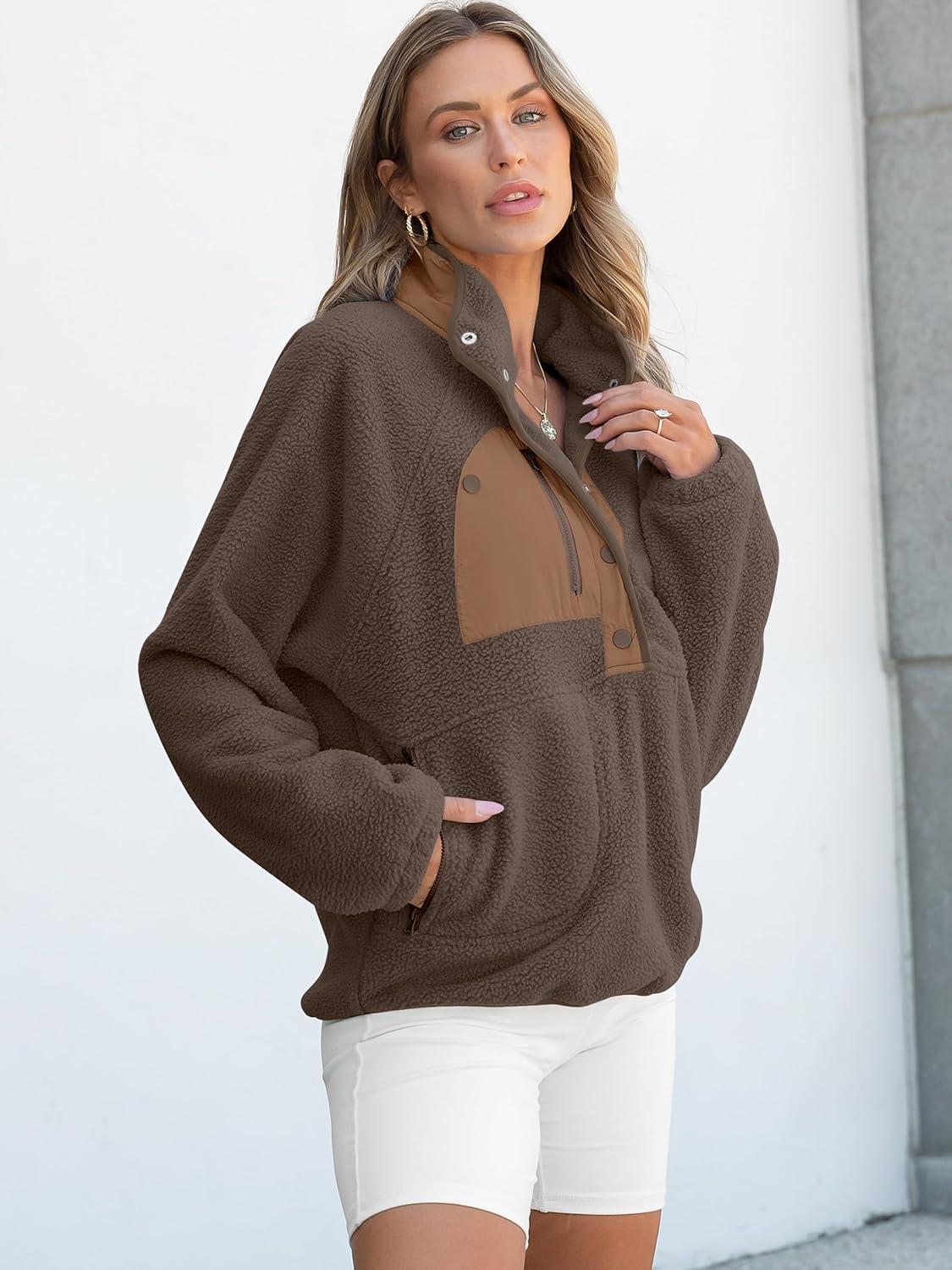 imageANRABESS Women Fuzzy Fleece Pullover Sherpa Sweatshirt Long Sleeve Button Down Warm Soft Color Block Jackets with PocketsBrown
