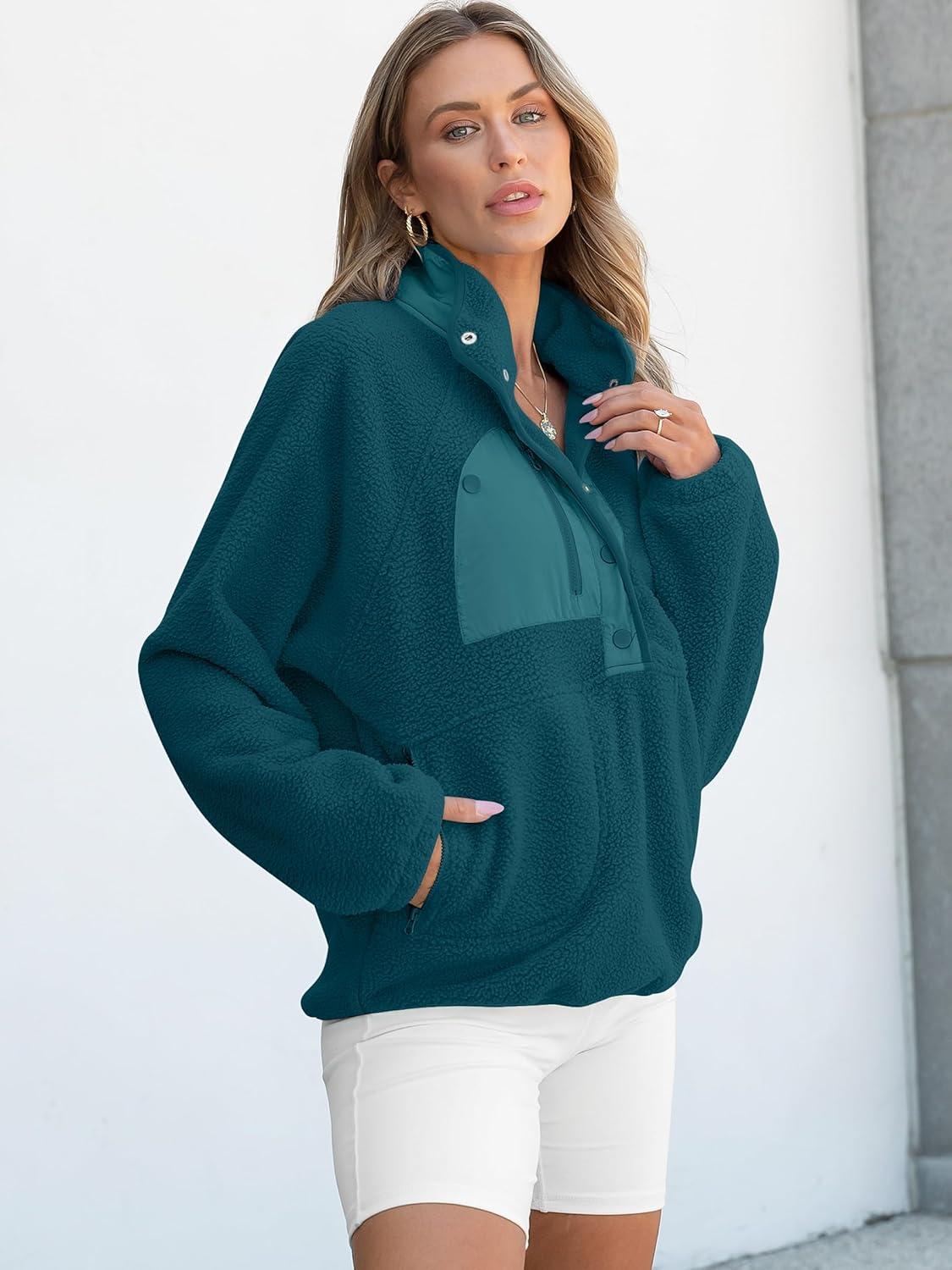 imageANRABESS Women Fuzzy Fleece Pullover Sherpa Sweatshirt Long Sleeve Button Down Warm Soft Color Block Jackets with PocketsCyan