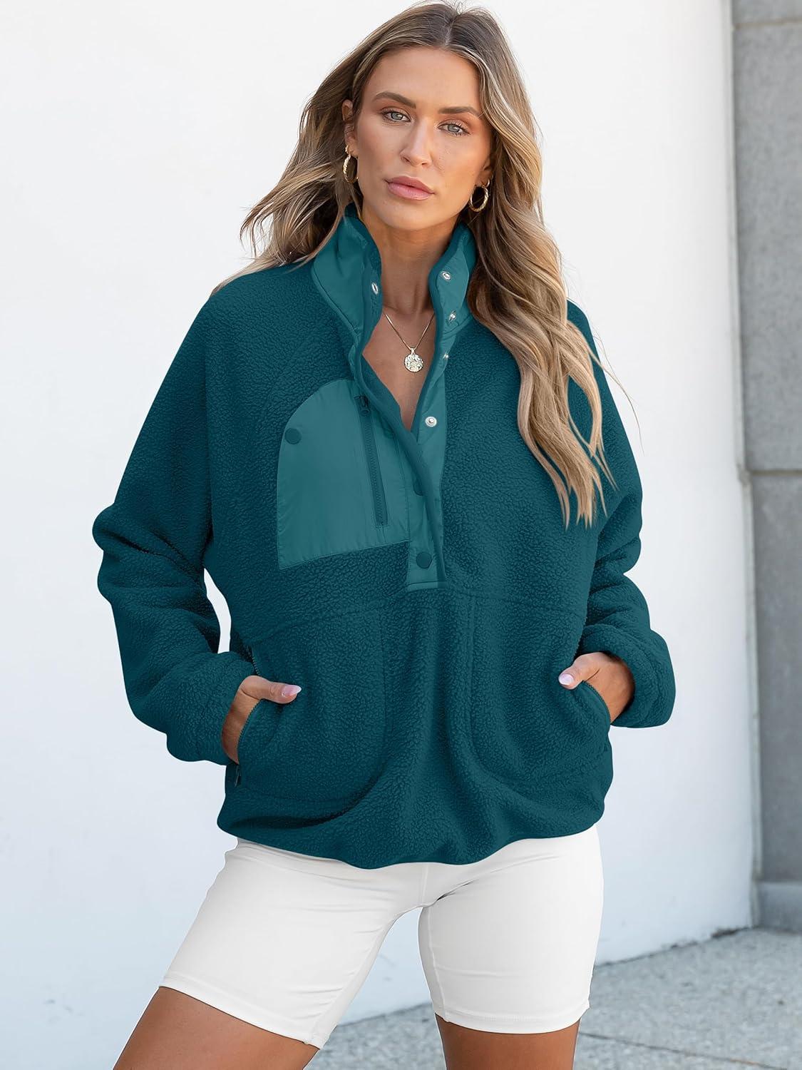 imageANRABESS Women Fuzzy Fleece Pullover Sherpa Sweatshirt Long Sleeve Button Down Warm Soft Color Block Jackets with PocketsCyan