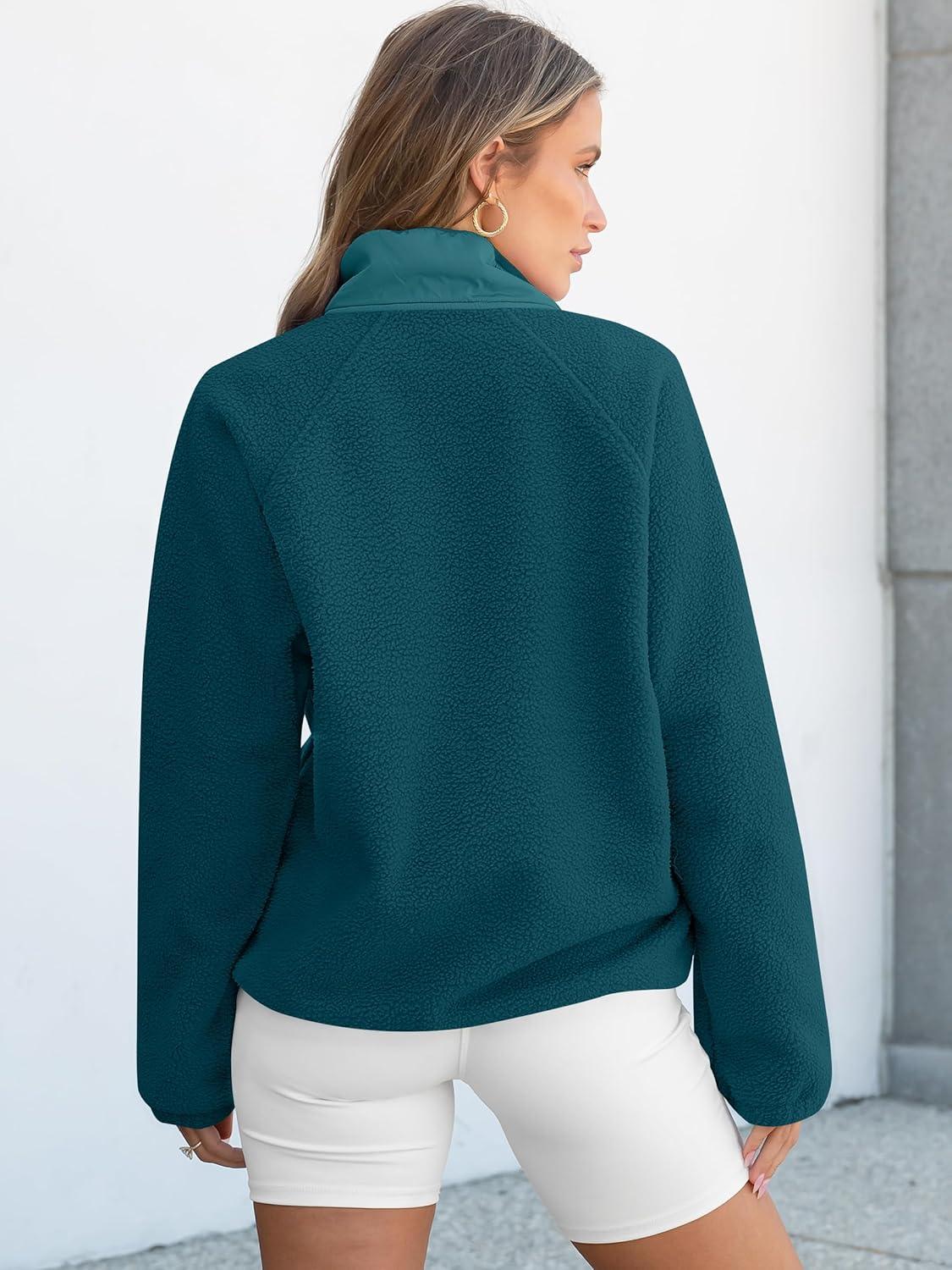 imageANRABESS Women Fuzzy Fleece Pullover Sherpa Sweatshirt Long Sleeve Button Down Warm Soft Color Block Jackets with PocketsCyan