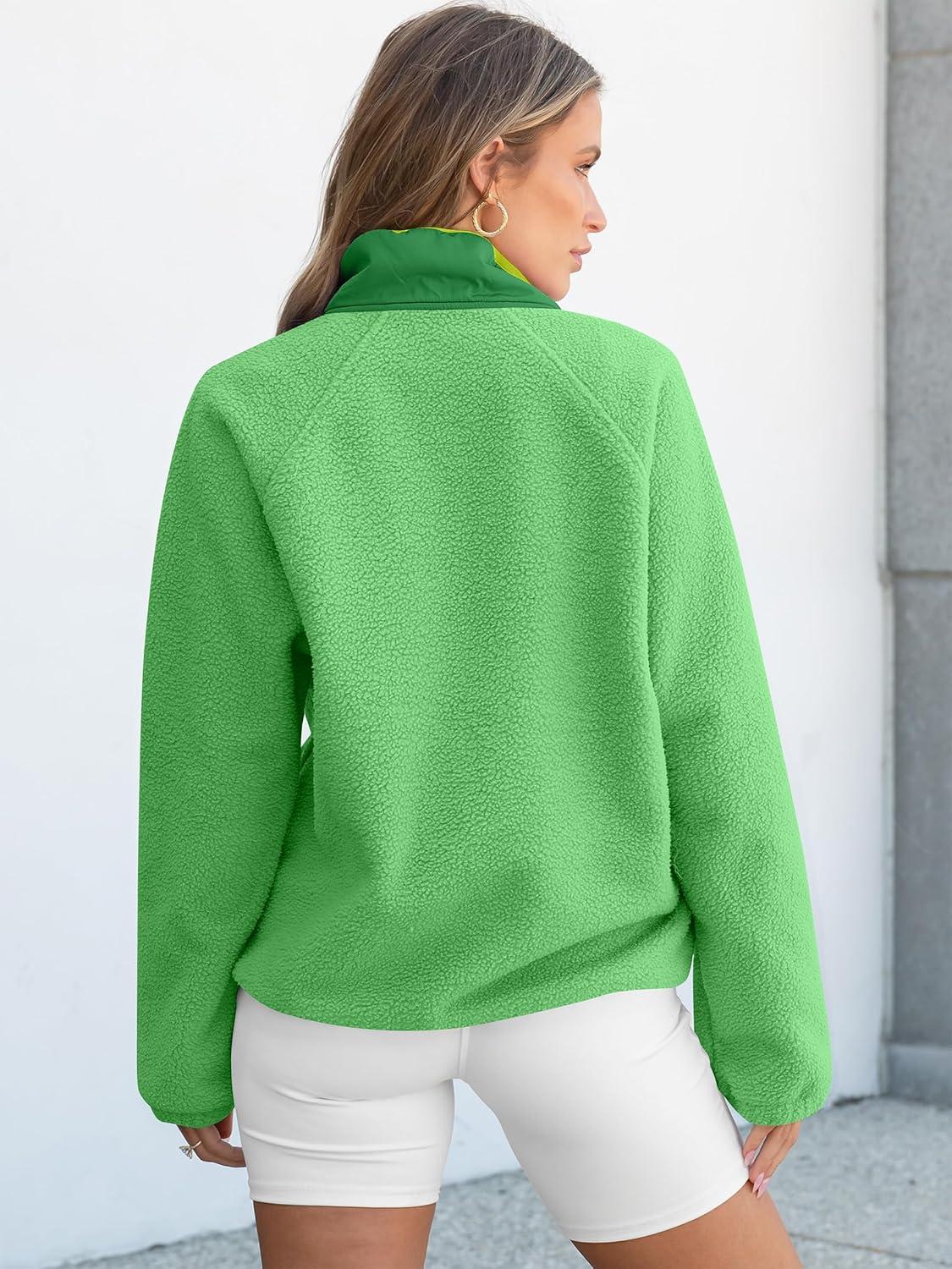 imageANRABESS Women Fuzzy Fleece Pullover Sherpa Sweatshirt Long Sleeve Button Down Warm Soft Color Block Jackets with PocketsGreen