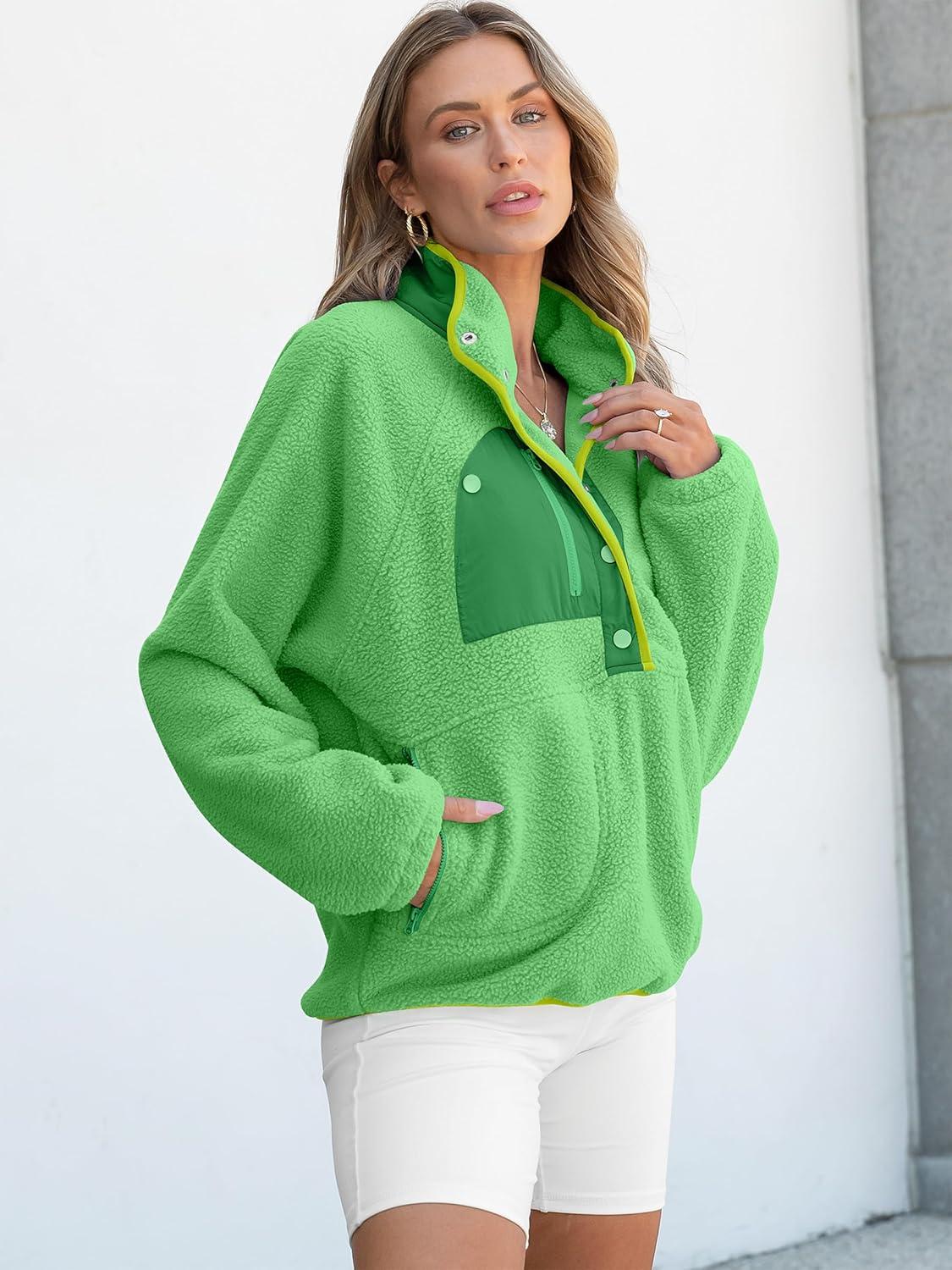 imageANRABESS Women Fuzzy Fleece Pullover Sherpa Sweatshirt Long Sleeve Button Down Warm Soft Color Block Jackets with PocketsGreen