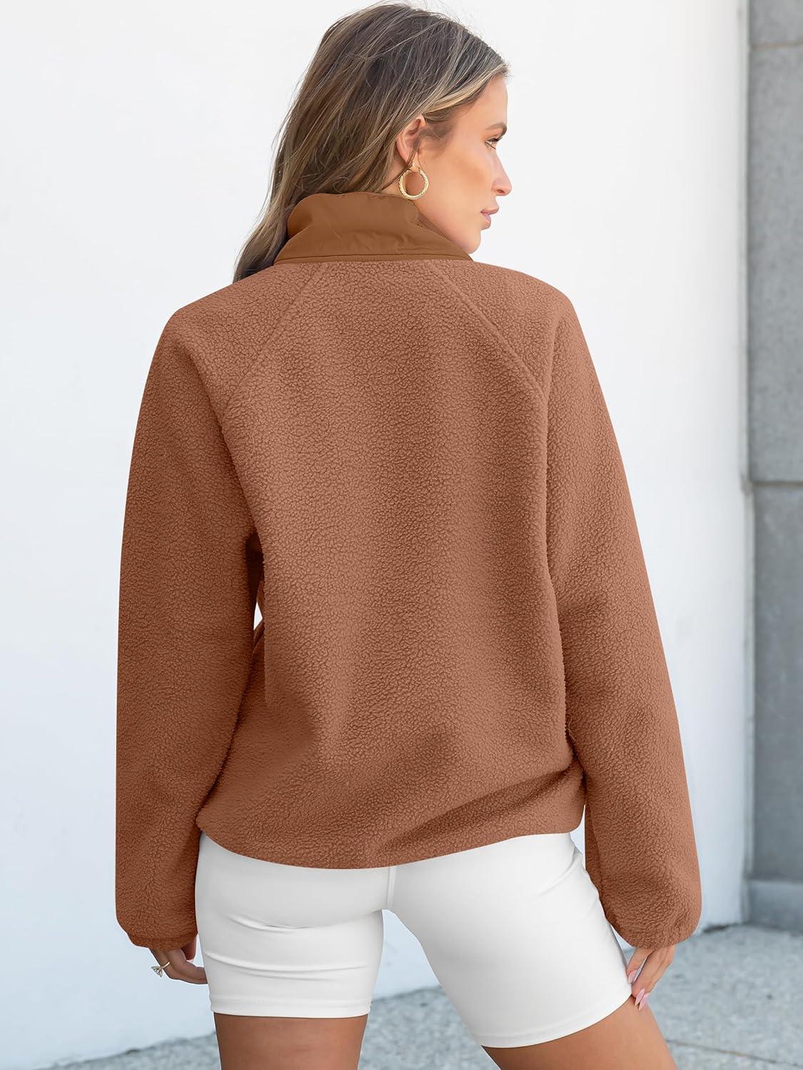 imageANRABESS Women Fuzzy Fleece Pullover Sherpa Sweatshirt Long Sleeve Button Down Warm Soft Color Block Jackets with PocketsLight Brown