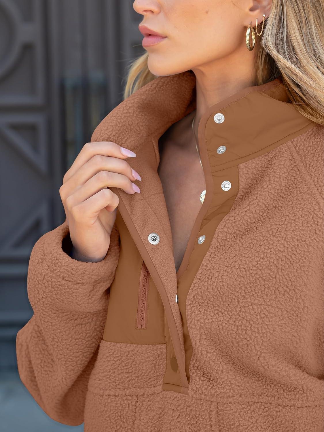 imageANRABESS Women Fuzzy Fleece Pullover Sherpa Sweatshirt Long Sleeve Button Down Warm Soft Color Block Jackets with PocketsLight Brown