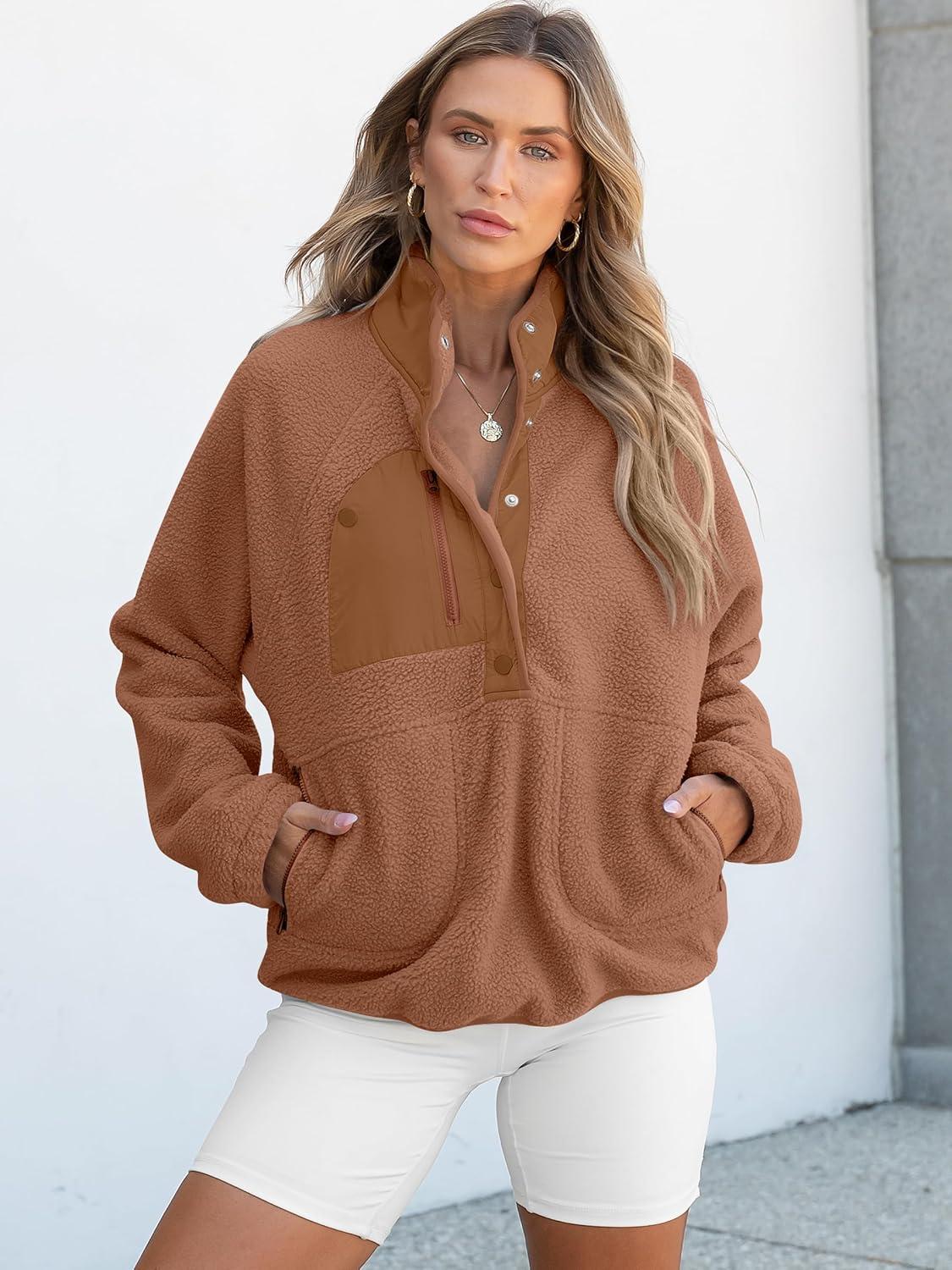 imageANRABESS Women Fuzzy Fleece Pullover Sherpa Sweatshirt Long Sleeve Button Down Warm Soft Color Block Jackets with PocketsLight Brown