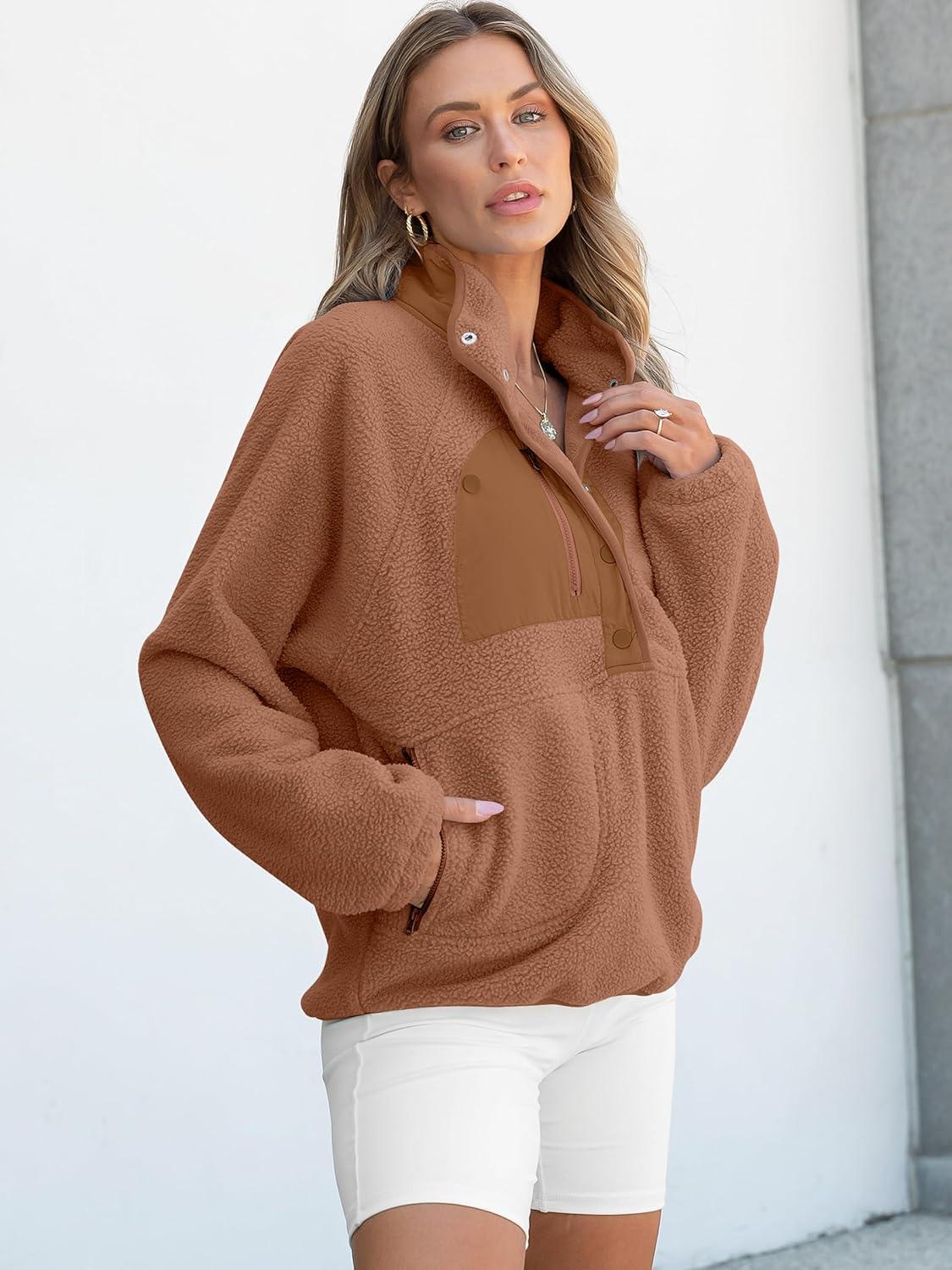 imageANRABESS Women Fuzzy Fleece Pullover Sherpa Sweatshirt Long Sleeve Button Down Warm Soft Color Block Jackets with PocketsLight Brown
