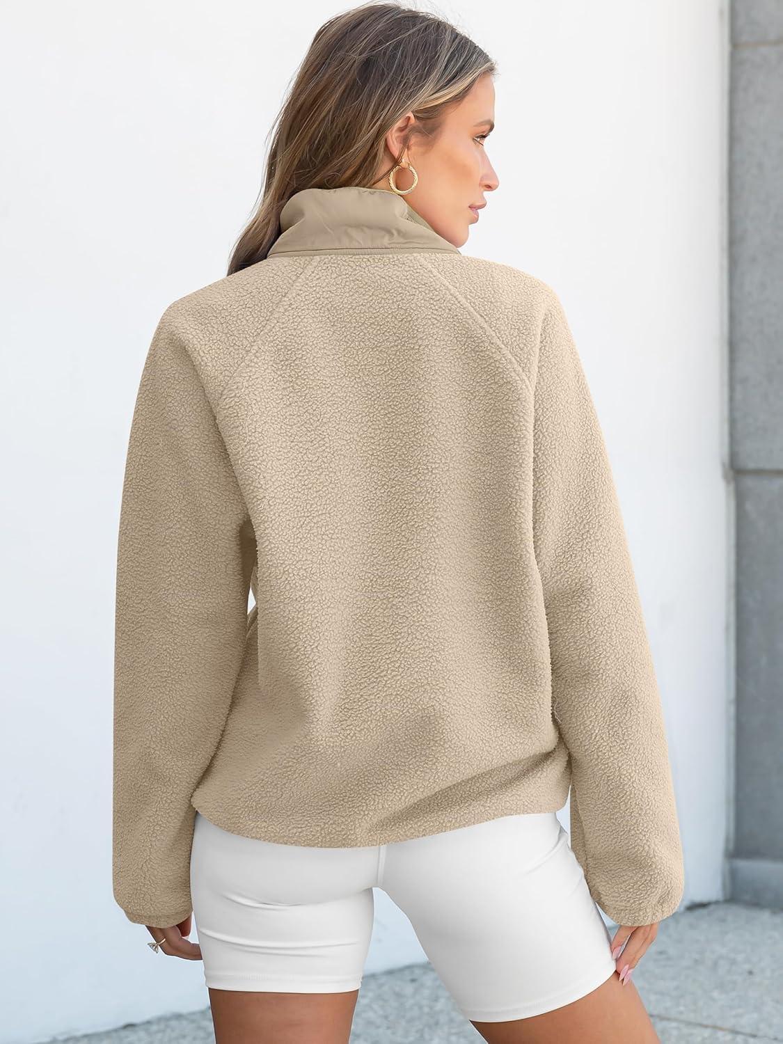 imageANRABESS Women Fuzzy Fleece Pullover Sherpa Sweatshirt Long Sleeve Button Down Warm Soft Color Block Jackets with PocketsLight Khaki